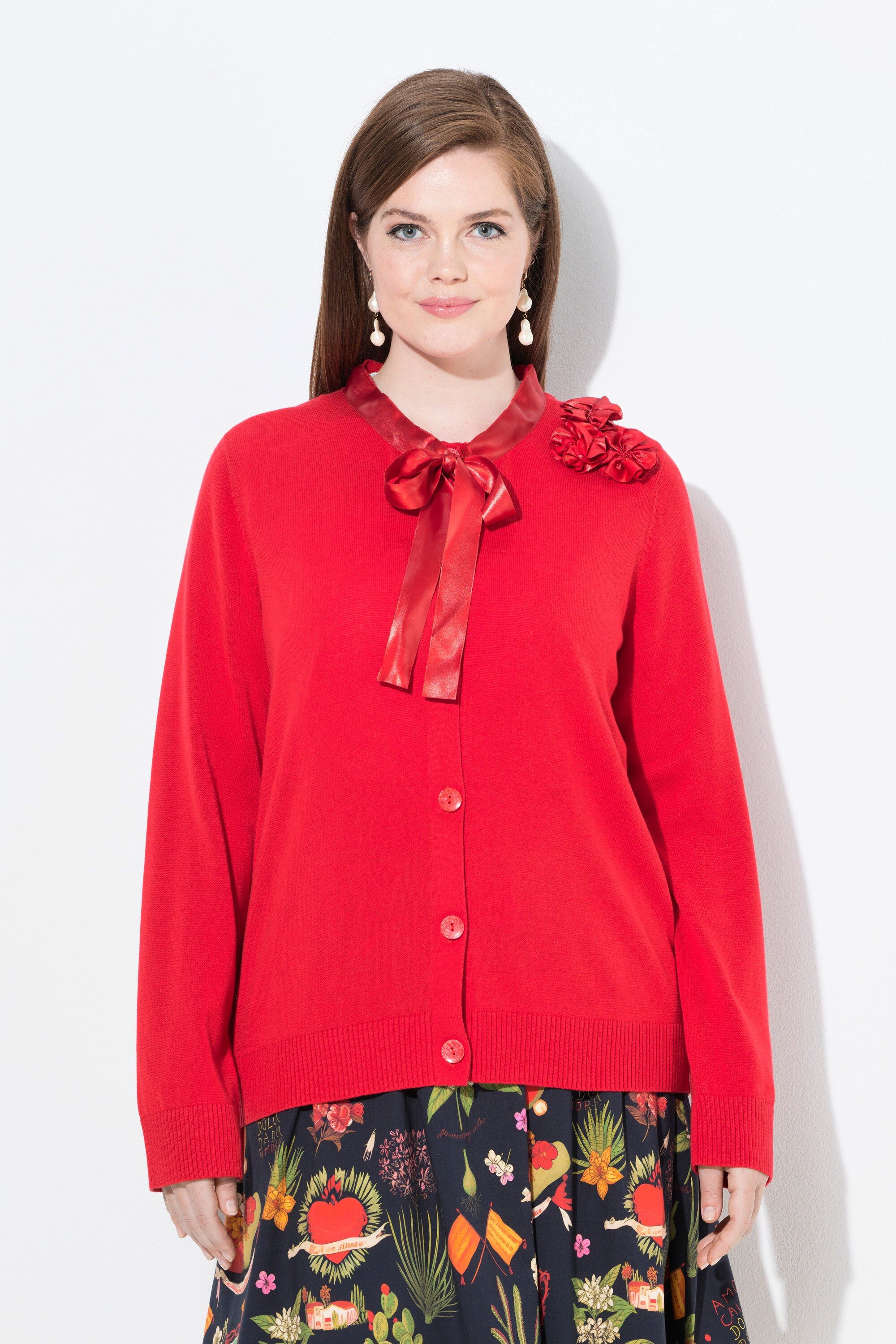 Ulla Popken Strickjacke Strickjacke Satinblüten Rundhals Langarm
