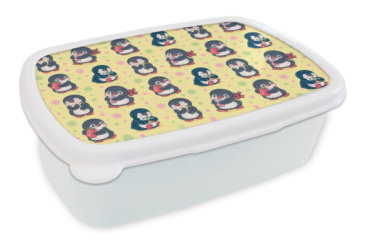 MuchoWow Lunchbox Erdbeere - Gestaltung - Pinguin, Kunststoff, (2-tlg), Brotbox für Kinder und Erwachsene, Brotdose, für Jungs und Mädchen weiß