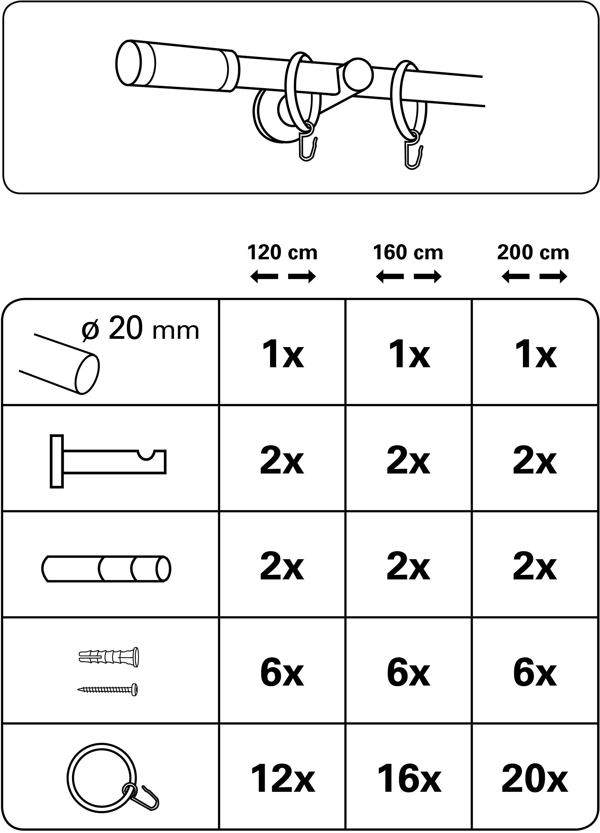 GARDINIA Gardinenstange Set Metall, Ø 20 mm, 1-läufig, Fixmaß, mit Bohren, verschraubt, Metall, 1-Lauf