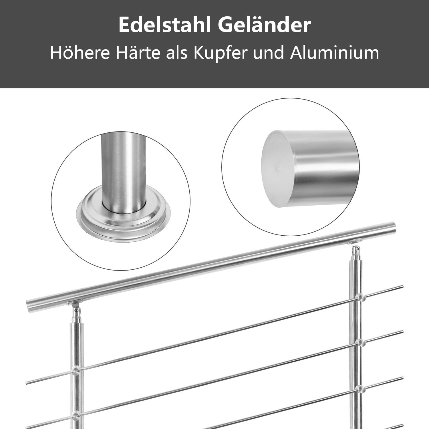 Clanmacy Treppengeländer Edelstahl Ø 42mm für Innen&Außen Treppenhaus 80 -160cm 0-5 Querstäbe, 80 cm Länge, mit 0 Pfosten, für Brüstung Balkon Garten – Bild 5 von 5