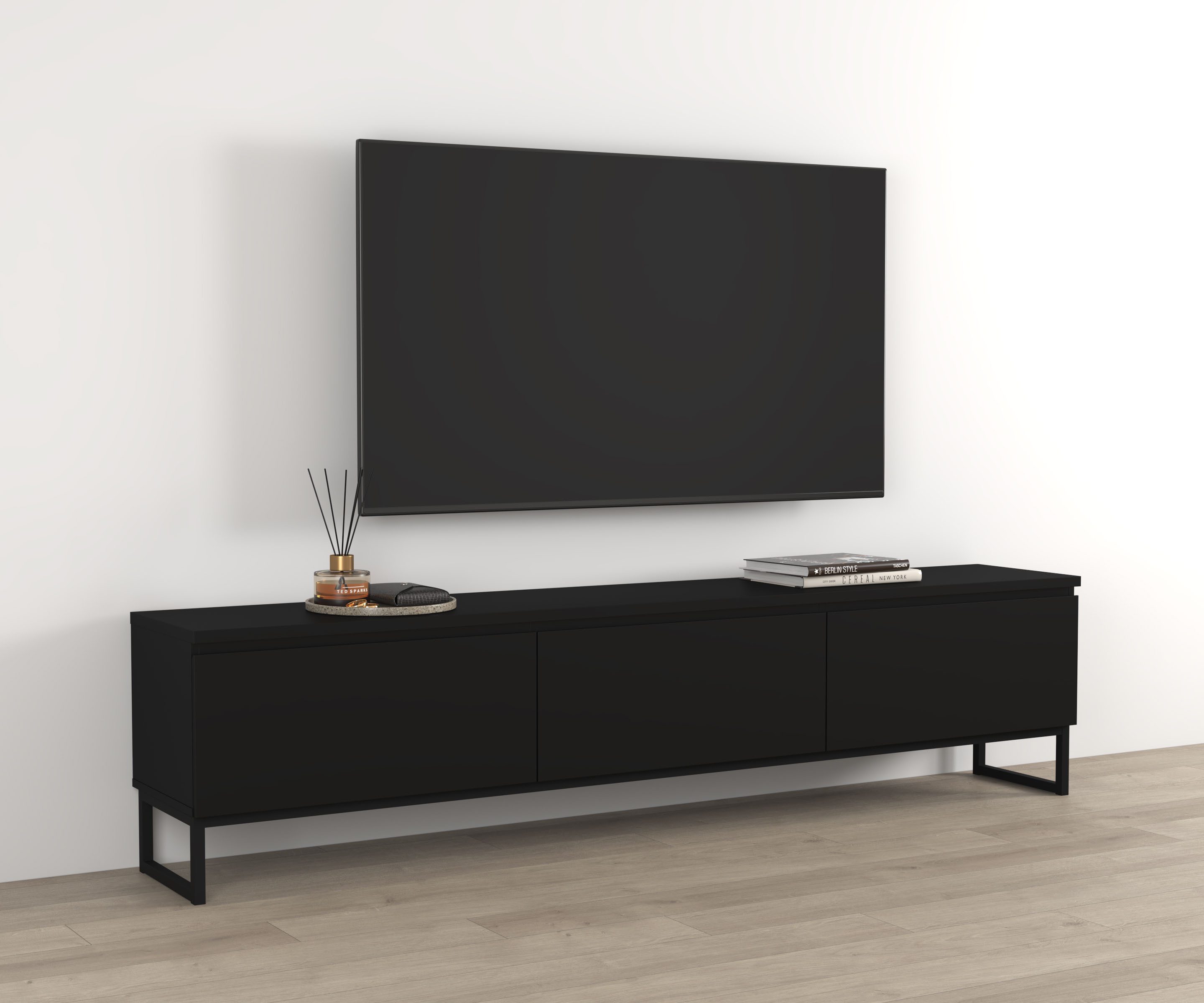 OTTO home Lowboard Modo II, Breite 200 cm, modernes griffloses Lowboard 3 Klappen, TV-Kommode mit viel Stauraum, Metallkufen