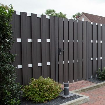 Detowood GmbH Gartenzaun WPC Lamellenzaun Anthrazit mit Aluminium-Pfosten zum einbetonieren (240cm Lang), (Ein Set besteht ja nach Wahl aus einem Zaun Feld mit Befestigungswinkel und Aluminium-Pfosten), Langlebig, witterungsbeständig, UV beständig, Verstärkte Aluminium-Pfosten, Komplett-Set, einfacher Aufbau