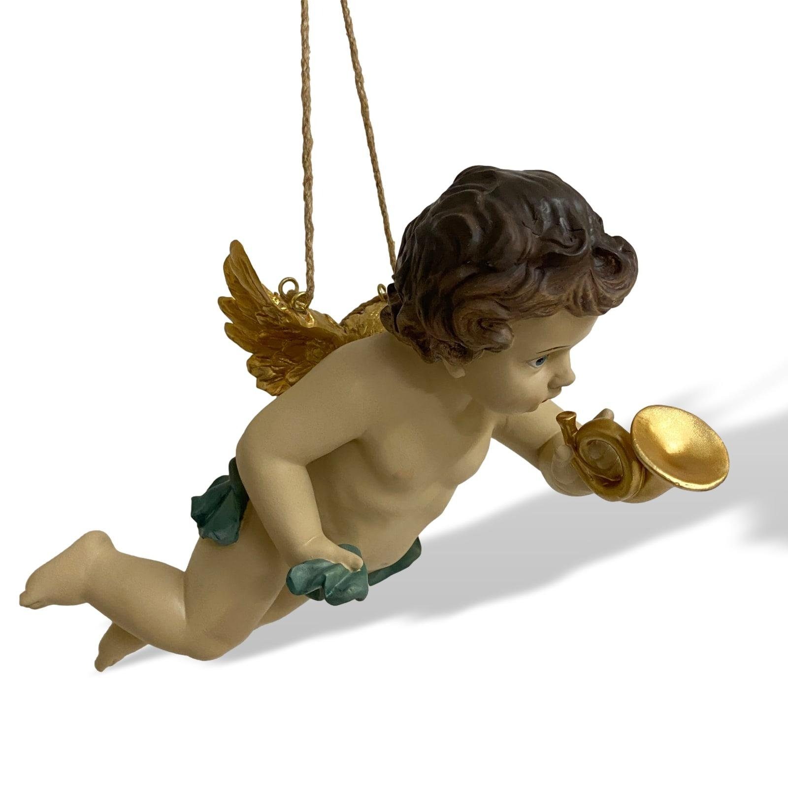 Skulptur Putte Engel Figur Kunststein Aufhängen Dekofigur zum Anti Trompete Aubaho 43cm