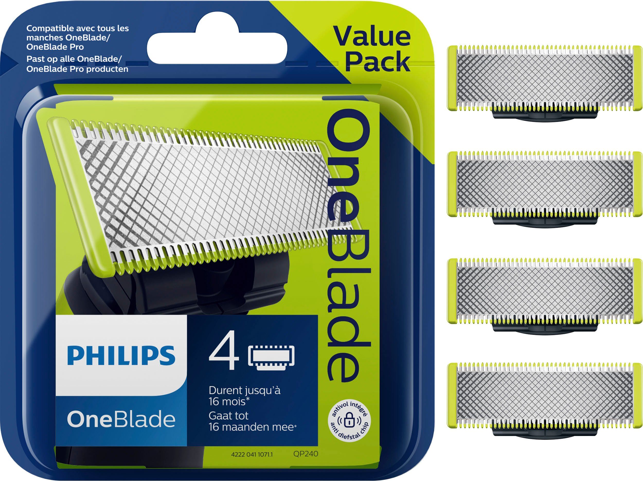 OneBlade zu Ersatzscherköpfe passend 4 eine St., Monate alle für OneBlade bis hält Handstücke, Philips Set, Klinge QP240/50, 4