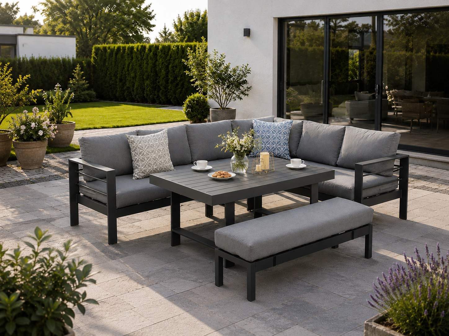 MeXo Gartenlounge-Set XXL Lounge Gartenmöbelset aus Aluminium, wetterfest, (Ecksofa mit rechter Ecke für 6-8 Personen, 5-tlg., 12/15 cm dicke Kissen, Terrassenmöbel Set mit hohem Tisch), pflegeleichte Polywood-Tischplatte, flexibel kombinierbar