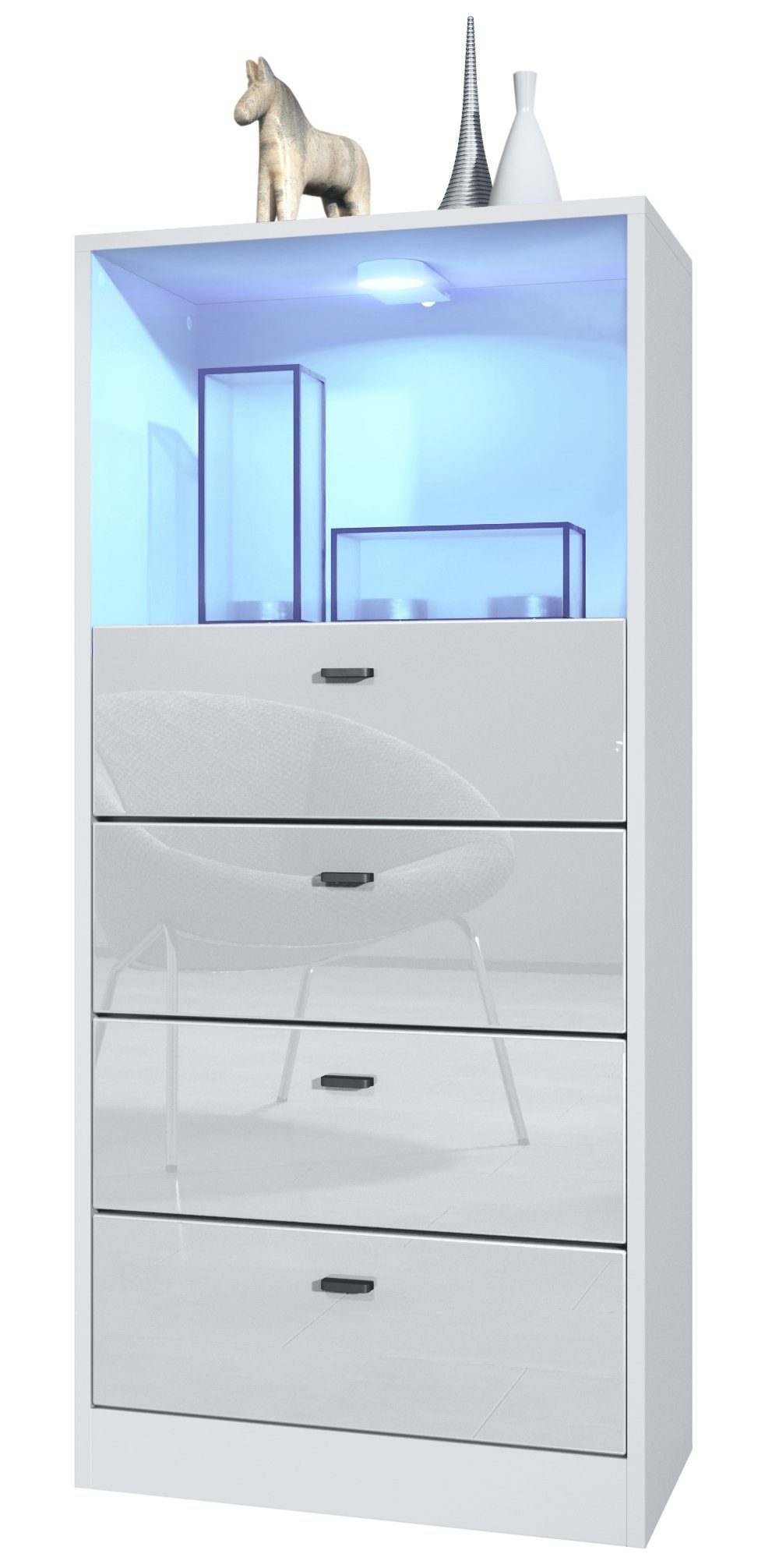 Vladon Kommode Pino V3 (Anrichte, mit 4 Schubladen & 1 offenem Fach mit Beleuchtung), Weiß matt/Weiß Hochglanz (56 x 125 x 36 cm)