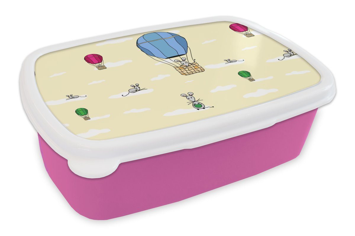 MuchoWow Lunchbox Muster - Maus - Luftballon, Kunststoff, (2-tlg), Brotbox für Erwachsene, Brotdose Kinder, Snackbox, Mädchen, Kunststoff rosa