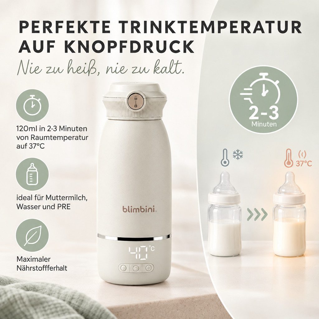 blimbini® Babyflaschenwärmer Pro Max tragbarer Flaschenwärmer Baby unterwegs mit Akku & USB-C, inkl. Schnelllade-Netzteil und USB-C Kabel – Bild 3 von 5