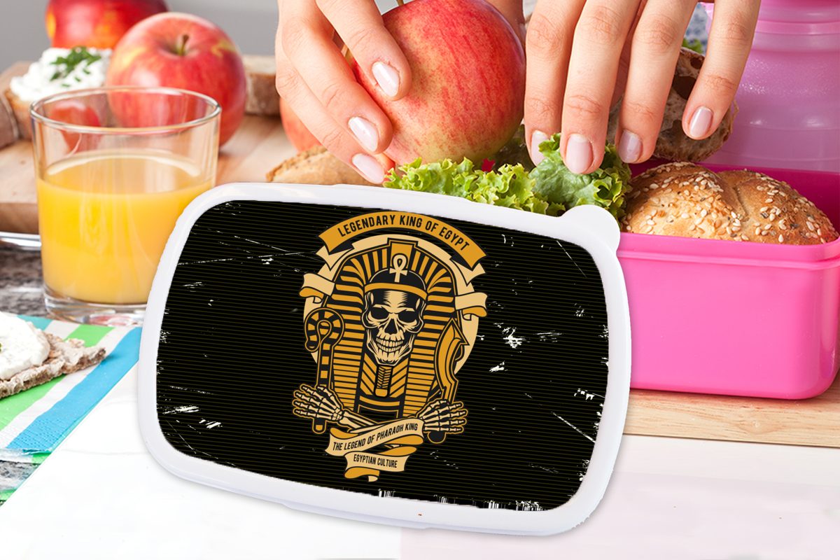 MuchoWow Lunchbox Pharao - Skelett Kunststoff rosa Zeichnung, Kunststoff, Retro - Mädchen, für (2-tlg), Snackbox, Kinder, Erwachsene, Brotdose Brotbox 