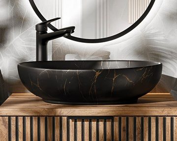 einfachgutemoebel Waschtisch-Set Aufsatz-Waschbecken 61cm marmoriert, Keramik Schale, schwarz, (Waschbecken, 1-St., Waschbecken)
