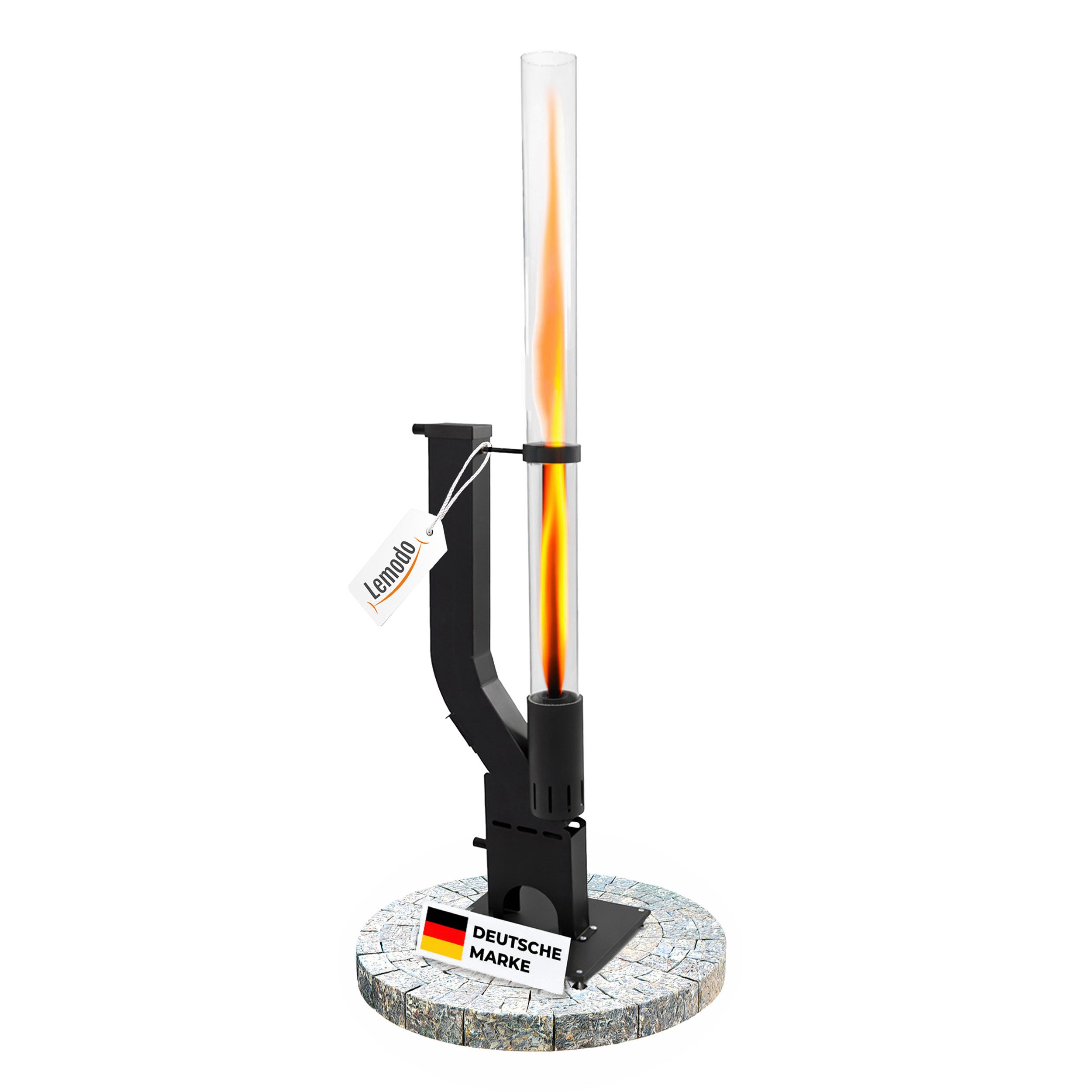 Lemodo Heizstrahler Pelletfackel Feuersäule Outdoor für Garten Terrasse mit Glasröhre, abgerundetes Design