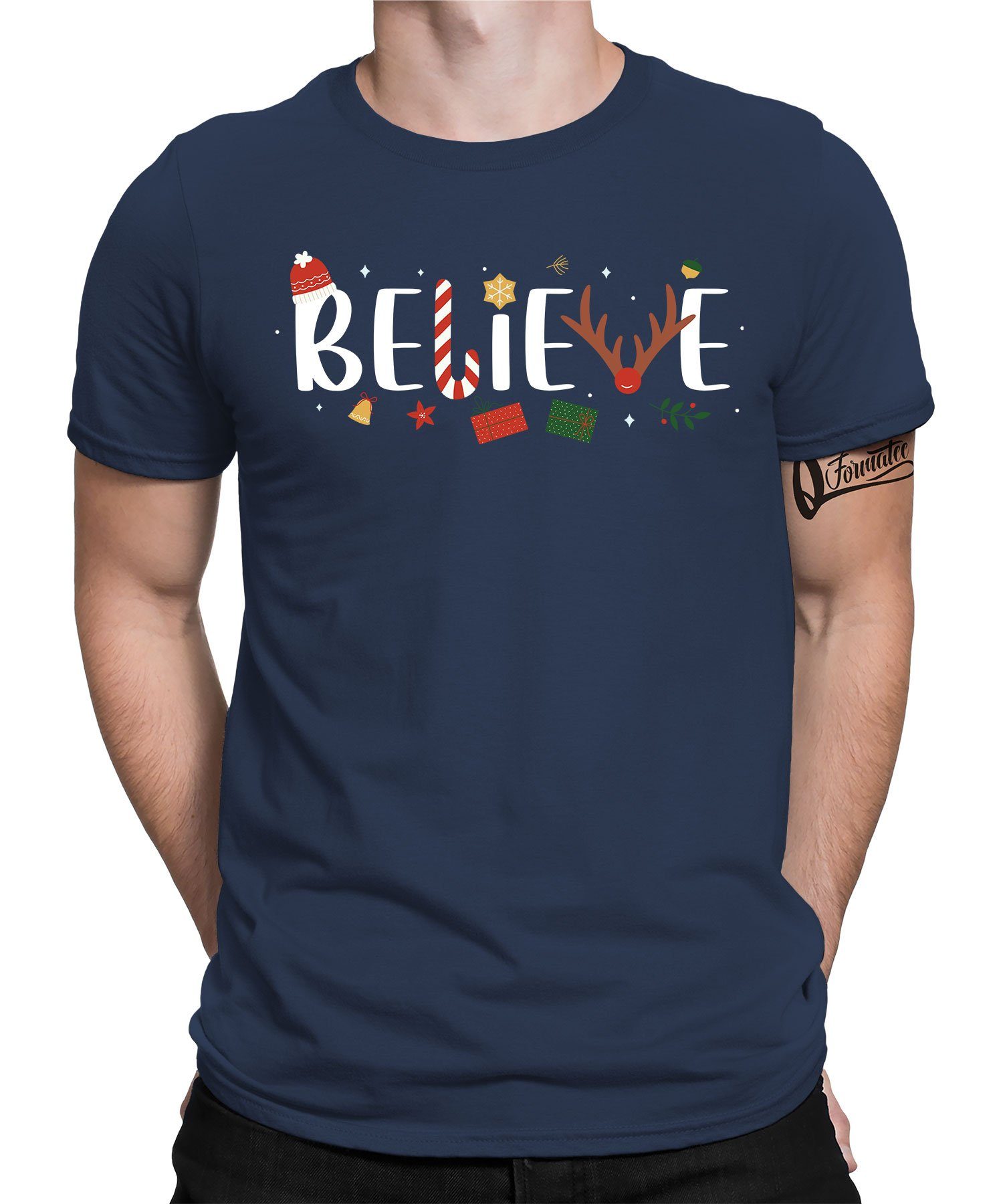 Quattro Formatee Kurzarmshirt Believe Rentier - Weihnachten Nikolaus Weihnachtsgeschenk Herren T-Shi (1-tlg) Navy Blau | T-Shirts