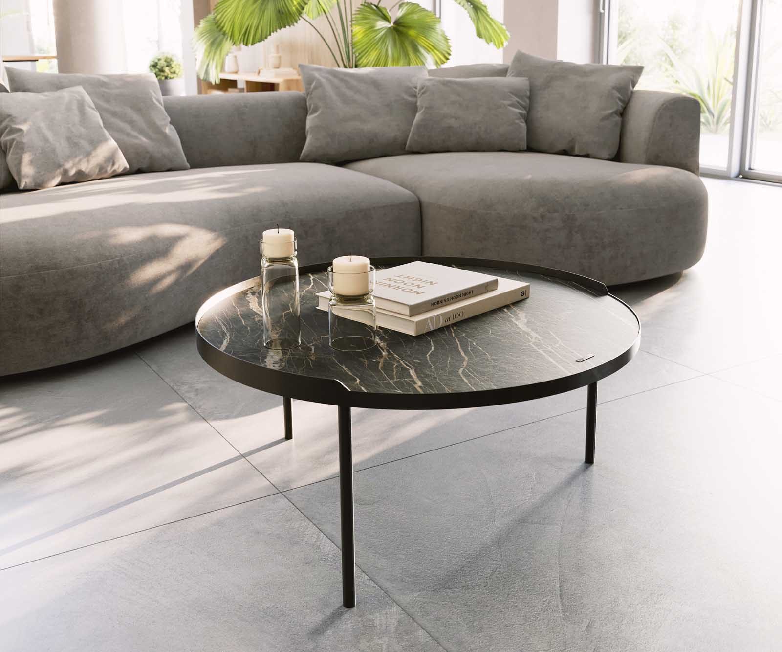 DELIFE Couchtisch Torell, Keramik Laminam®Noir Desir Braun 80x80 cm Metallrahmen Effektfinish Ti