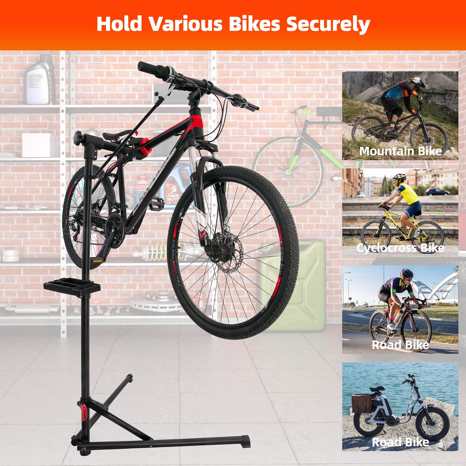 Kisidus Bicycle Assembly Stand, Professional Repair Stand (with tool tray – foldable & height-adjustable, load capacity up to 30 kg), for MTB, road bike, e-bike