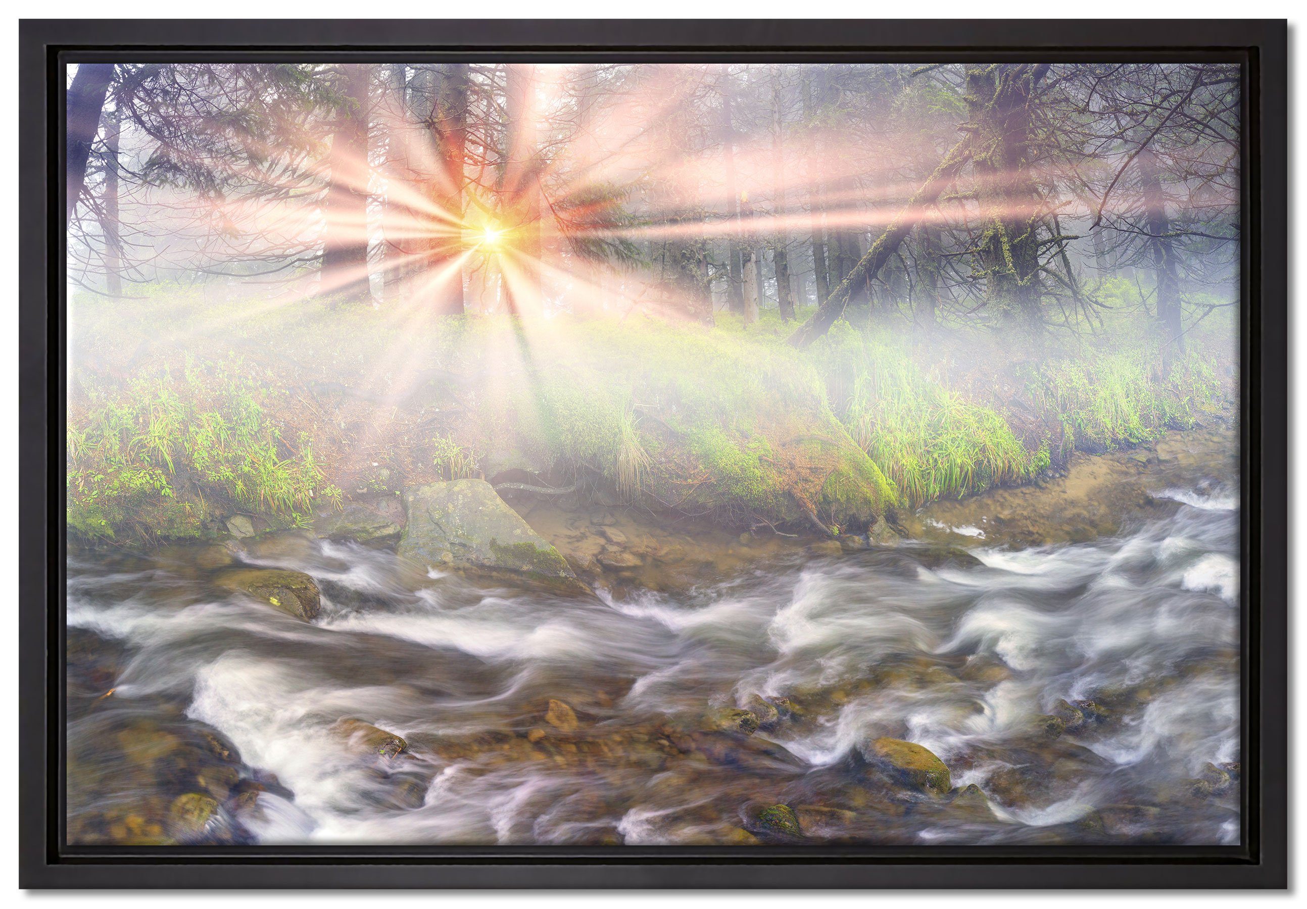 Pixxprint Leinwandbild Nebeldickicht im Wald, Wanddekoration (1 St), Leinwandbild fertig bespannt, in einem Schattenfugen-Bilderrahmen gefasst, inkl. Zackenaufhänger