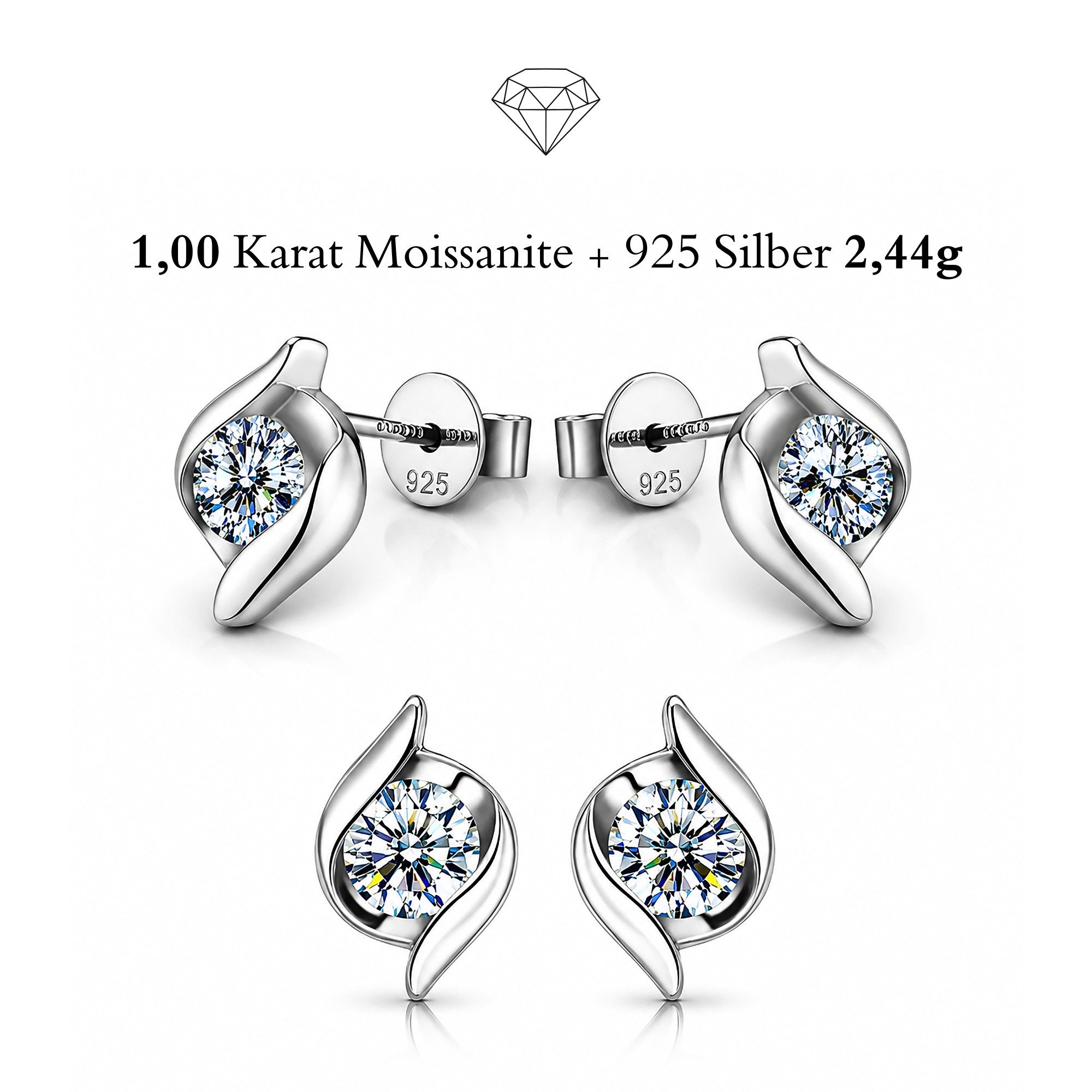 UNIQAL.de Ohrstecker-Set FIORA – Moderne Schmuckkunst mit 1 ct Moissanit & Diamant-Look (skulpturales Design mit fließender Linienführung, inkl. Luxus-Etui und Garantie auf den Moissanit-Stein), hautfreundlich, langlebig und angenehmer Tragekomfort