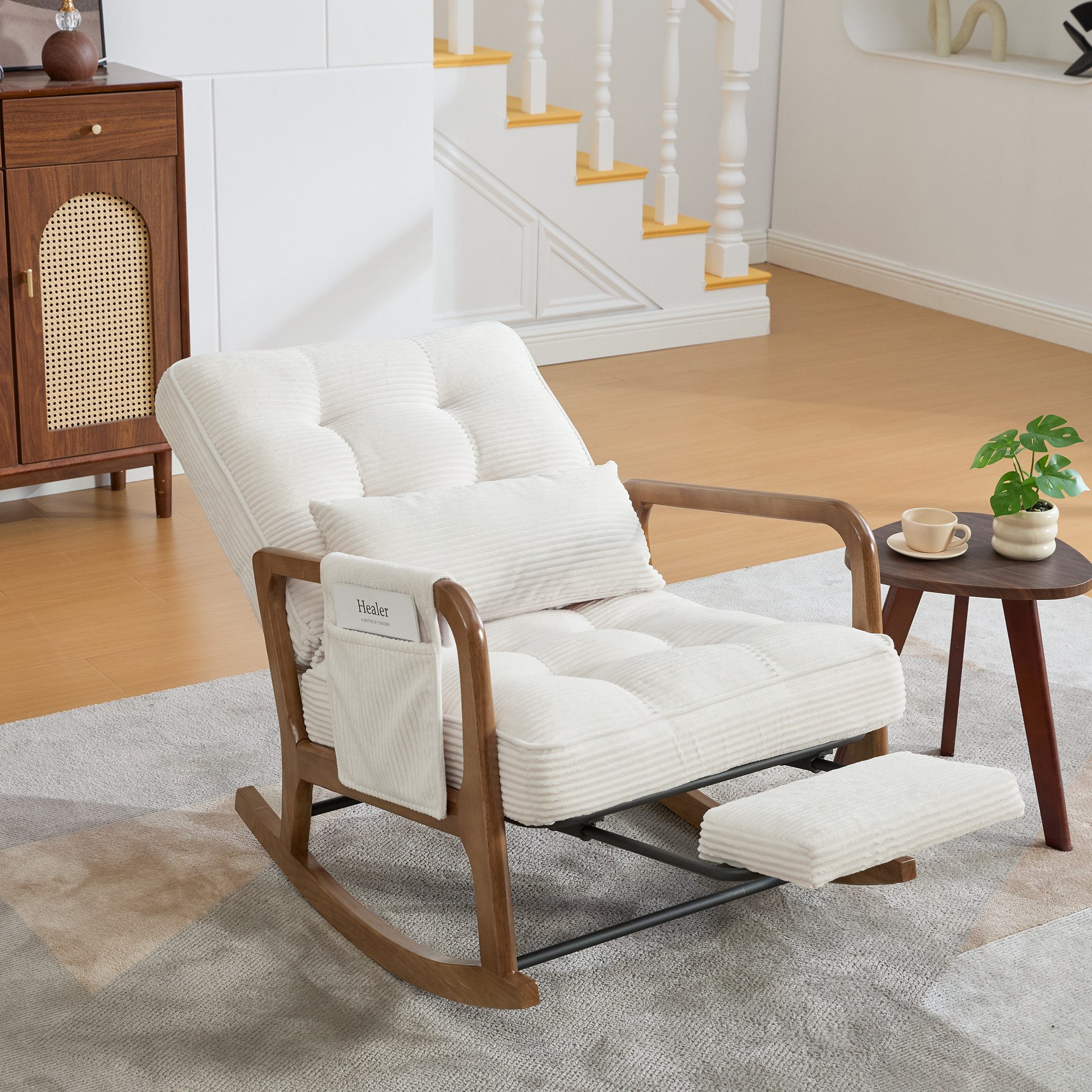 REDOM Loungesessel Schaukelstuhl mit verstellbarer Lehne & Fußstütze (Cord Sessel mit Lendenkissen, Seitentaschen & weichem Polster), Polsterstuhl Relaxsessel