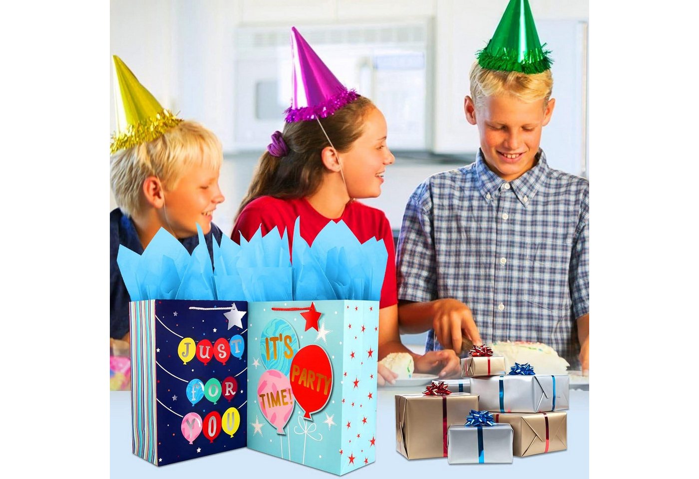 Thumbnail - LuxusKollektion Geschenkpapier Papiertüten Blau Groß mit Seidenpapier und Henkel 2er Set