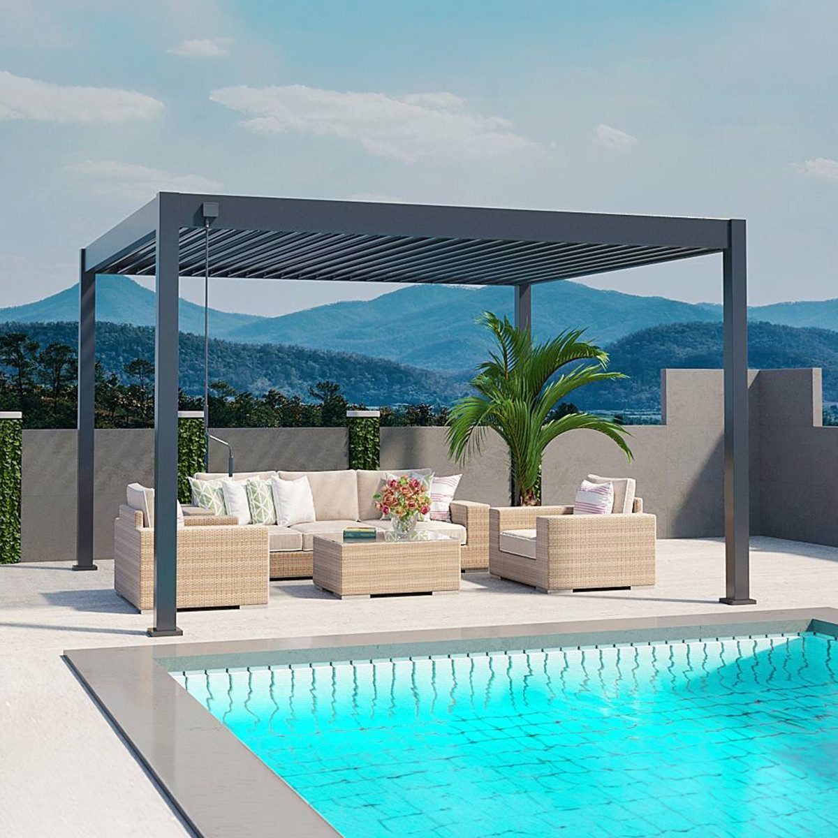 Weide Pergola Deluxe Pavillon Terrassenüberdachung Aluminium 3 x 4 M anthrazit, BxTxH: 400x300x255 cm, (Hochwertigstes Aluminium & verzinkte Stahl-Lamellen, Komplettset)