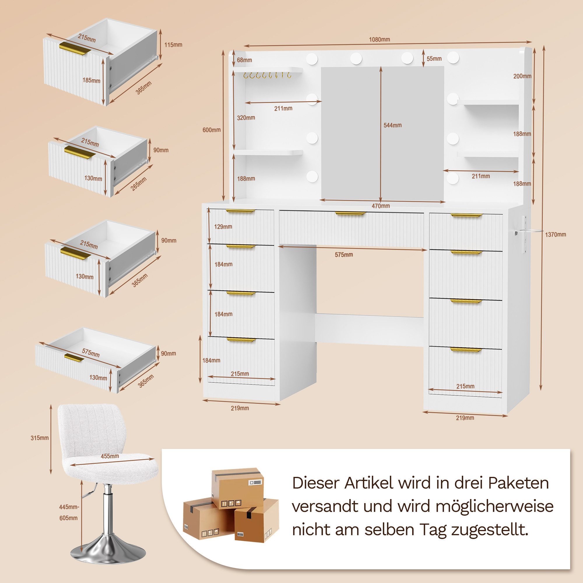 HOMALL Schminktisch LED-Beleuchtung, optional als Set mit Hocker erhältlich (Maße: 108 × 40 × 137 cm, 6 offene Ablagefächer, mit Schmuckhaken, 9 Schubladen, aus – Bild 2 von 5