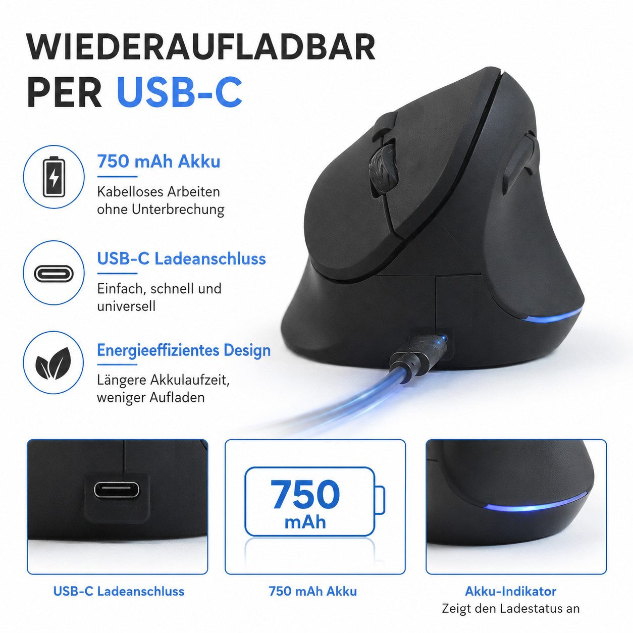 Vornix Kabellose Bluetooth Vertikale Maus 2.4G mit RGB Beleuchtung Mäuse (6 Tasten Ergonomische Maus, 4-Wege-Scrollrad, 800-3600 DPI für Büro) – Bild 5 von 5