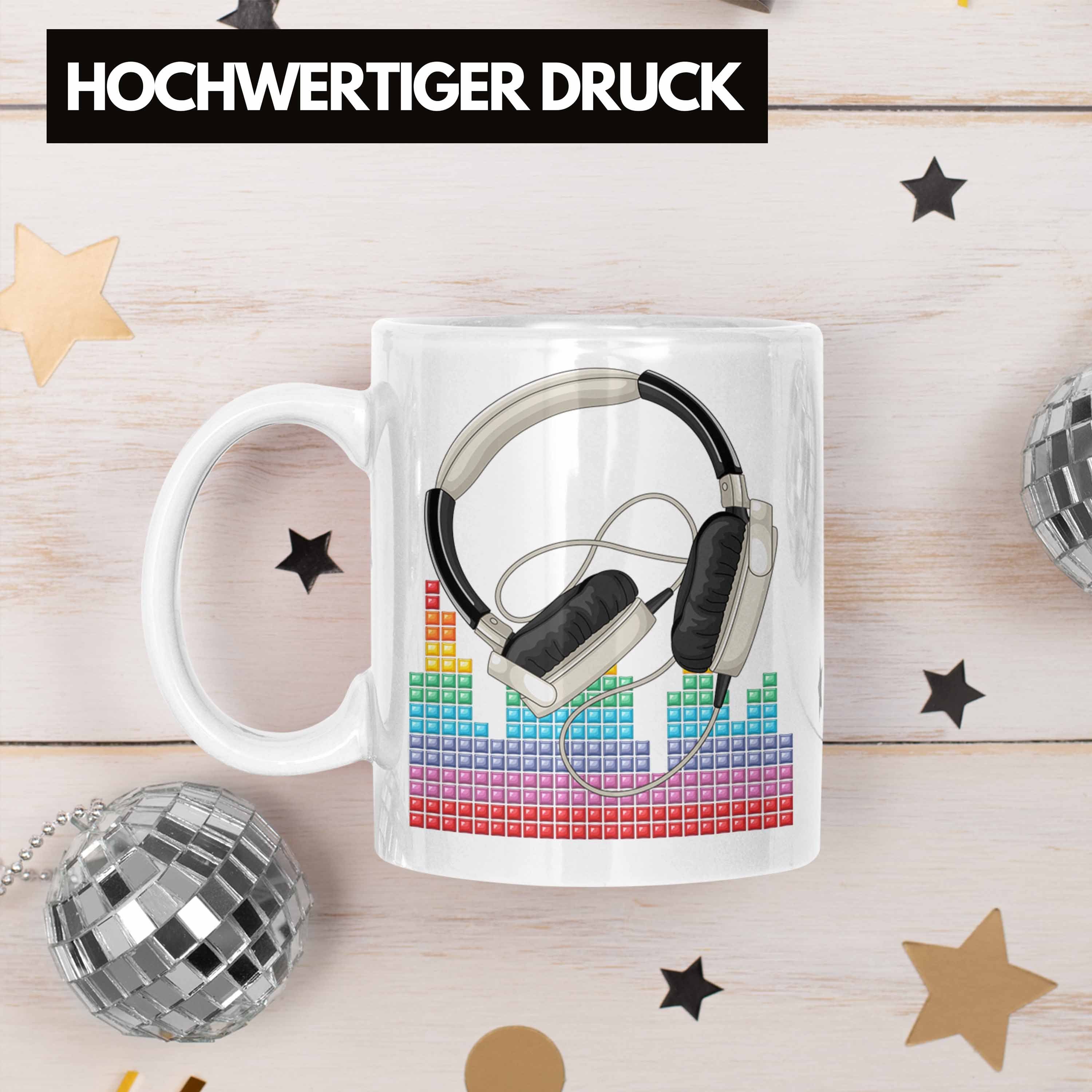 Trendation Tasse DJ Weiss für Grafik DJ Geschenkidee Mischpult Geschenk Kaffee-Becher Tasse