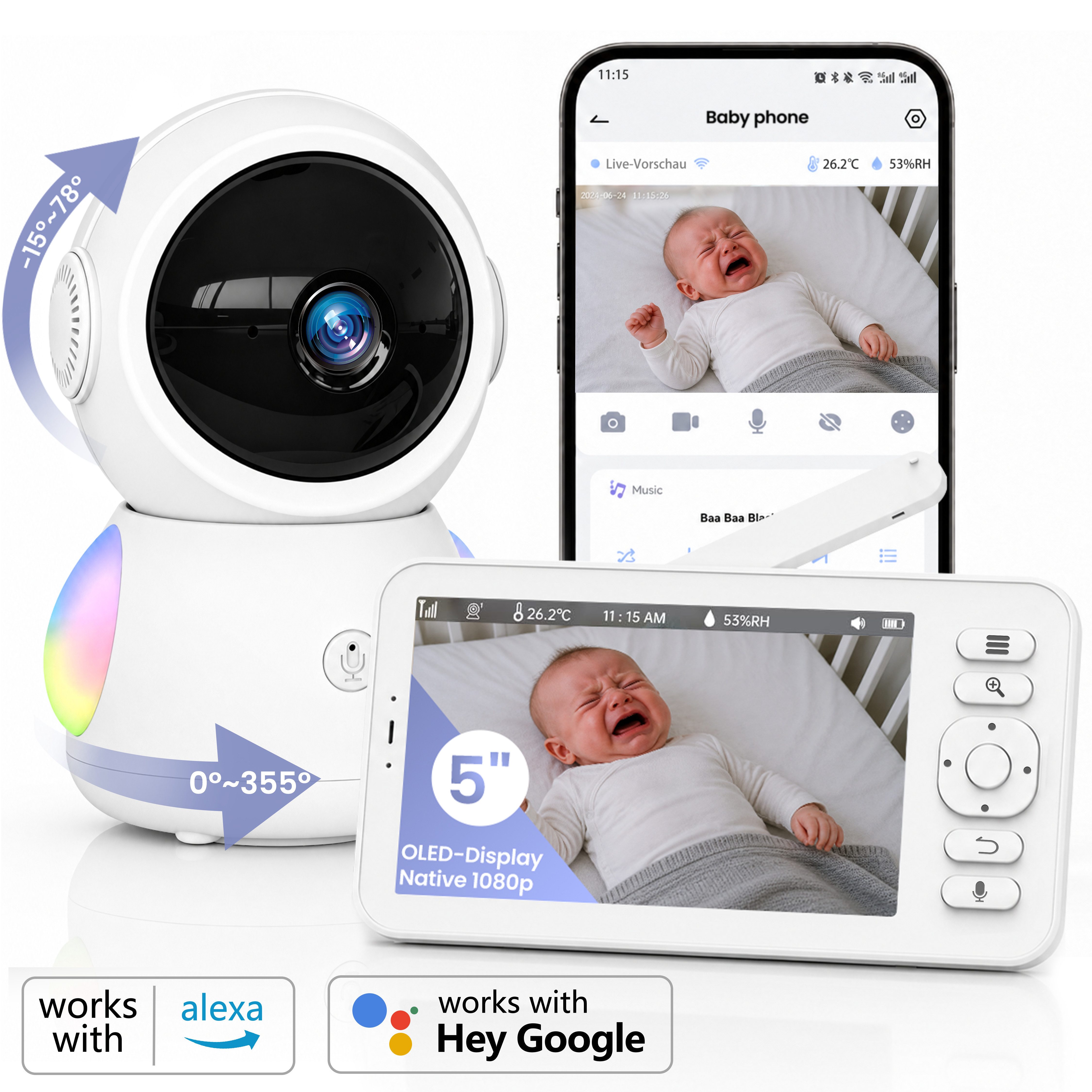 Whraills Babyphone Babyphone mit 3K 5MP Kamera, 5 Zoll 1080P OLED, Nachtsicht und App, Gegensprechfunktion, Schlaflieder, Schallerkennung, Datenschutz, Weinen-Erkennung, Bewegungssensor und Ein-Tasten-Ruf und 2-Wege-Audio