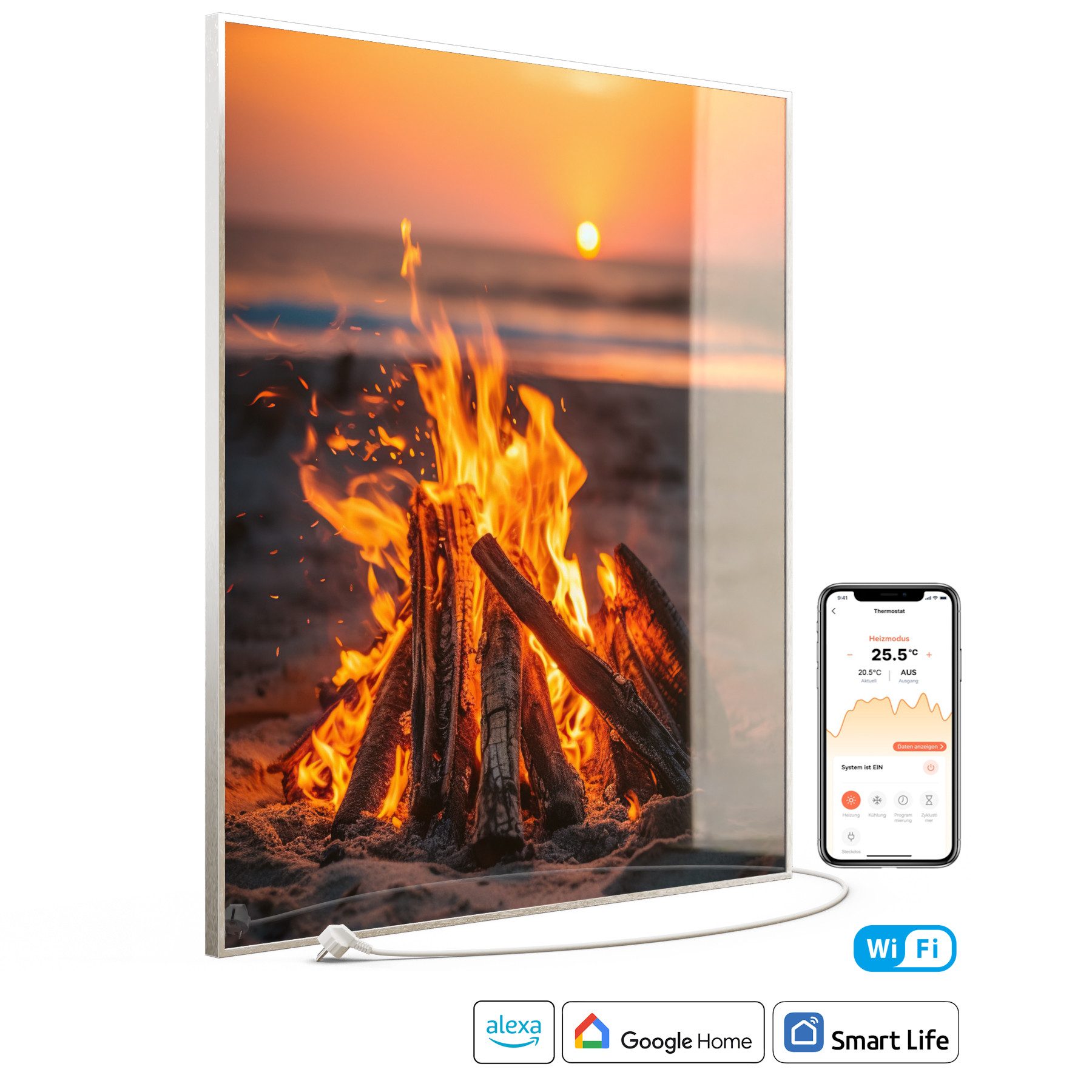 STEINFELD Heizsysteme Infrarotheizung Glas-Bild 1200W, 114x100cm, Made in Germany, 7 Jahre Garantie, mit Thermostat, Silber
