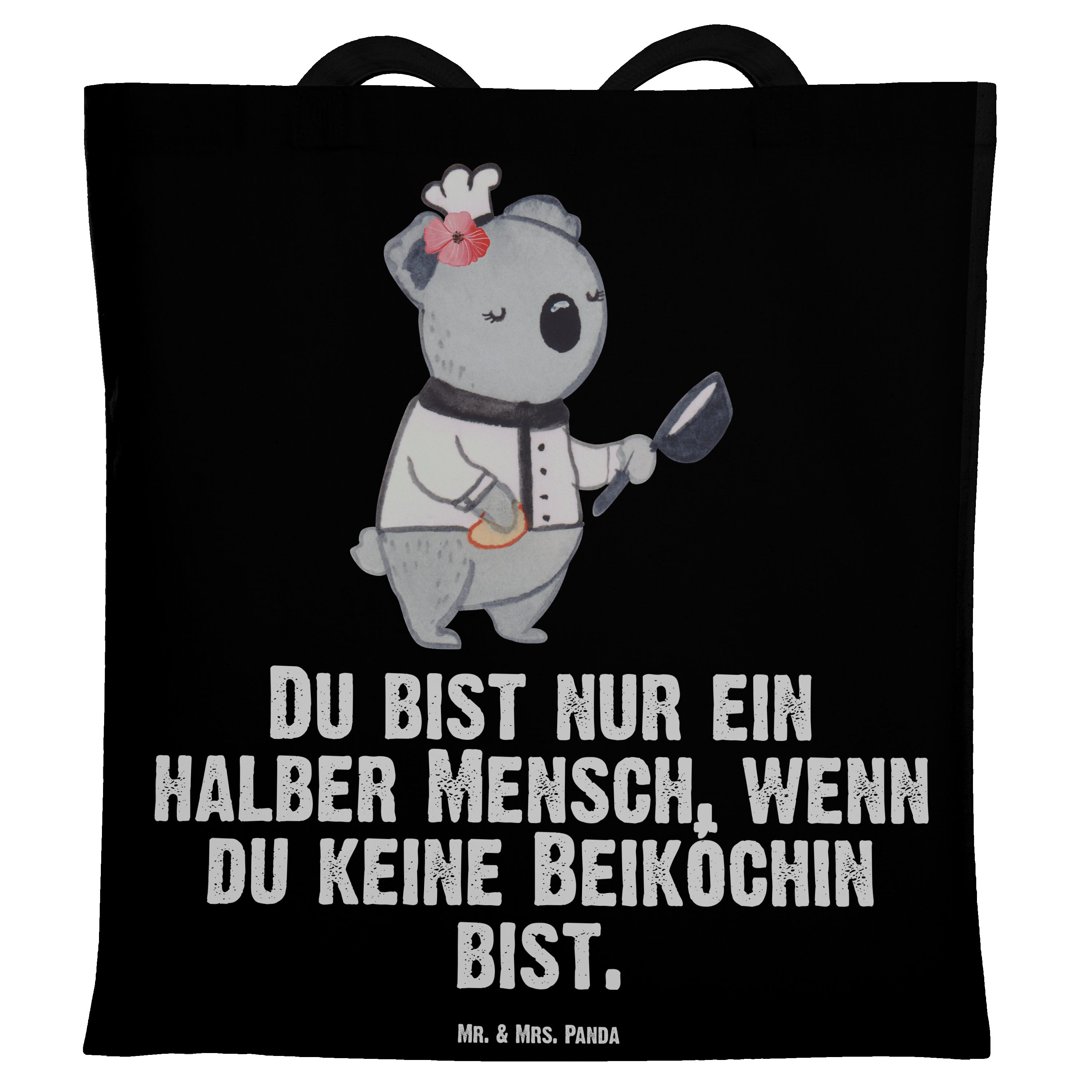 Mr. & Mrs. Panda Tragetasche Beiköchin mit Herz - Schwarz - Geschenk, Einkaufstasche, Restaurant, (1-tlg)