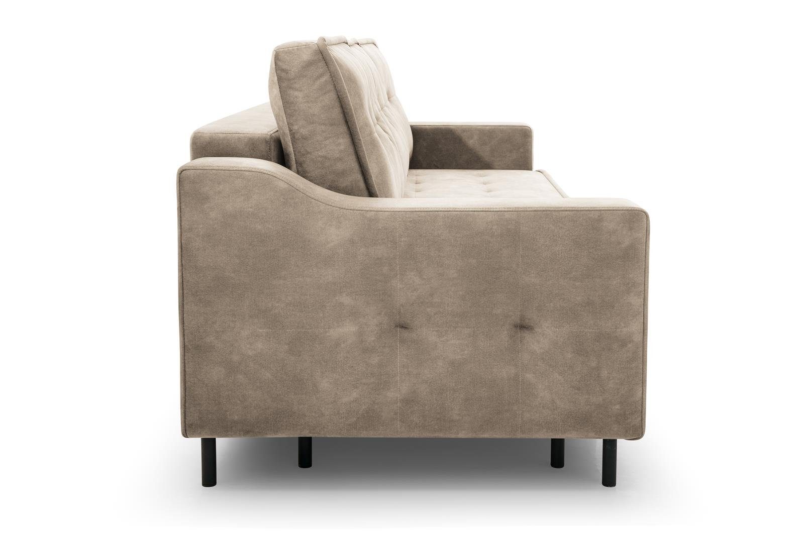 Beautysofa 3-Sitzer ALA, im skandinavisches Wohnzimmer, Polstersofa Bettkasten hohe und Schlaffunktion Velours, aus Stil, mit für Beige 03) mit Metallbeine, (palladium