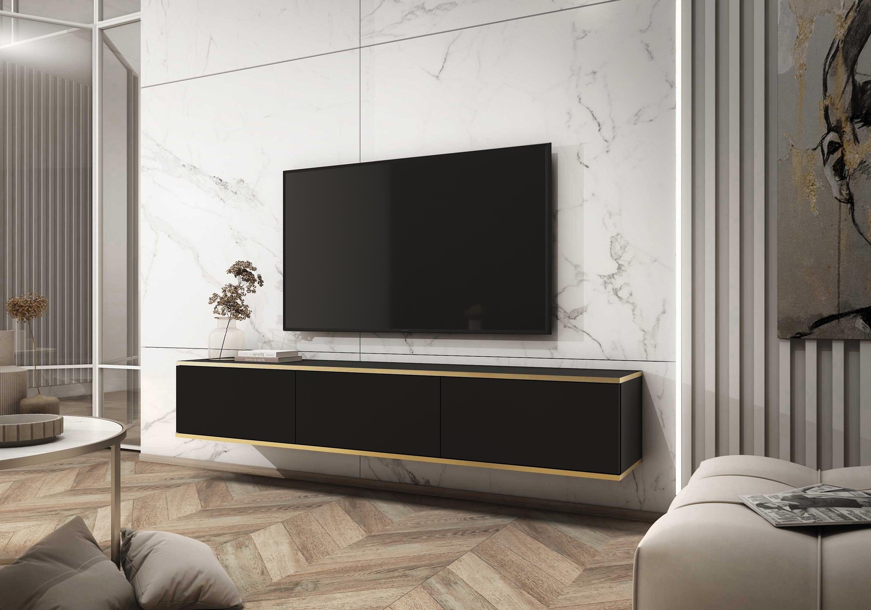 Furnix Sideboard LIWIA 175 Fernsehschrank TV-Schrank mit Zierleisten in Gold, 3 Türen, B175 x H30 x T32 cm Schwarz/Gold