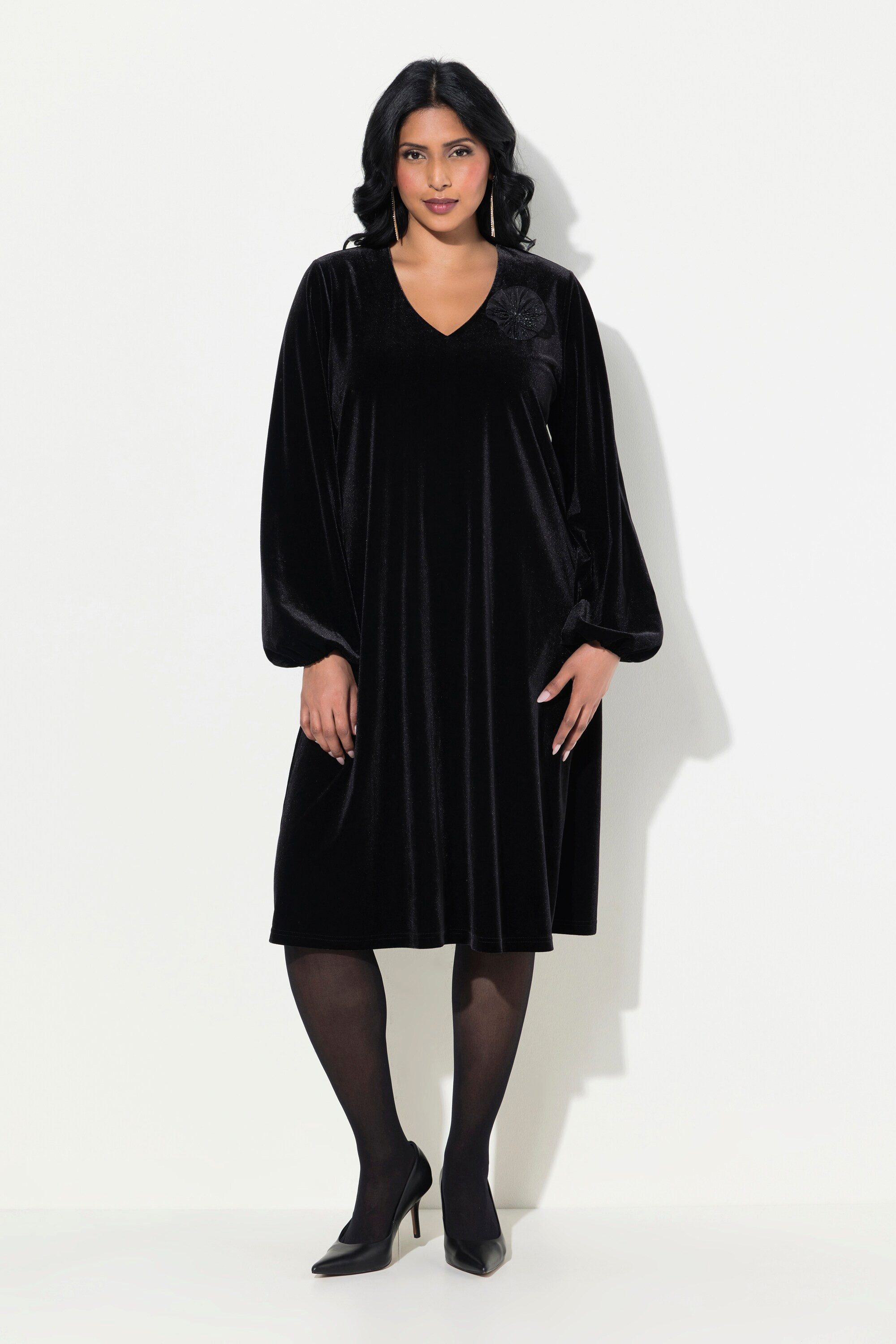 Cocktailkleid Samtkleid Brosche A-Linie V-Ausschnitt Langarm