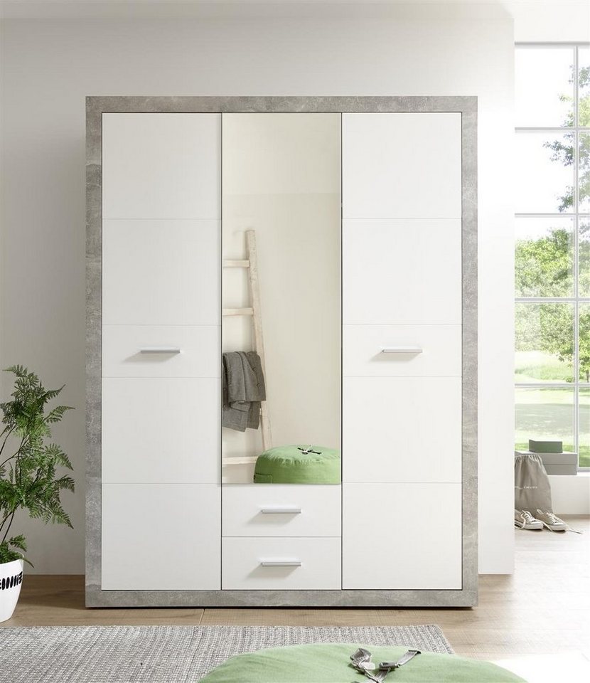 möbelando Kleiderschrank Stern Eleganter Kleiderschrank mit viel Stauraum &  Spiegeltür - Vielseitiger Drehtürenschrank in Beton-Optik & Weiß - 151 x  198 x 55 cm (B/H/T)