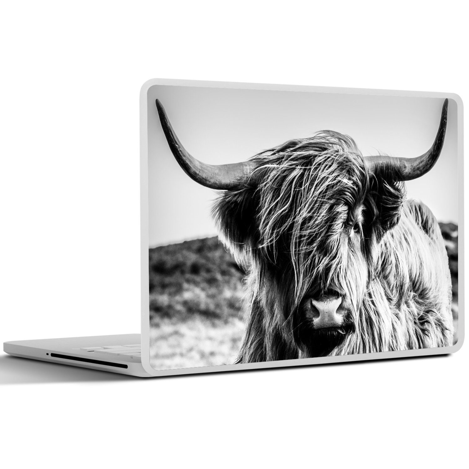 Tier Schutz - Hochländer Weiß Wandsticker Cover, Laptop - Natur St), Sticker vor Kuh - - (1 Schwarz Kratzern Schottischer - - MuchoWow Folie, Folien Aufkleber,