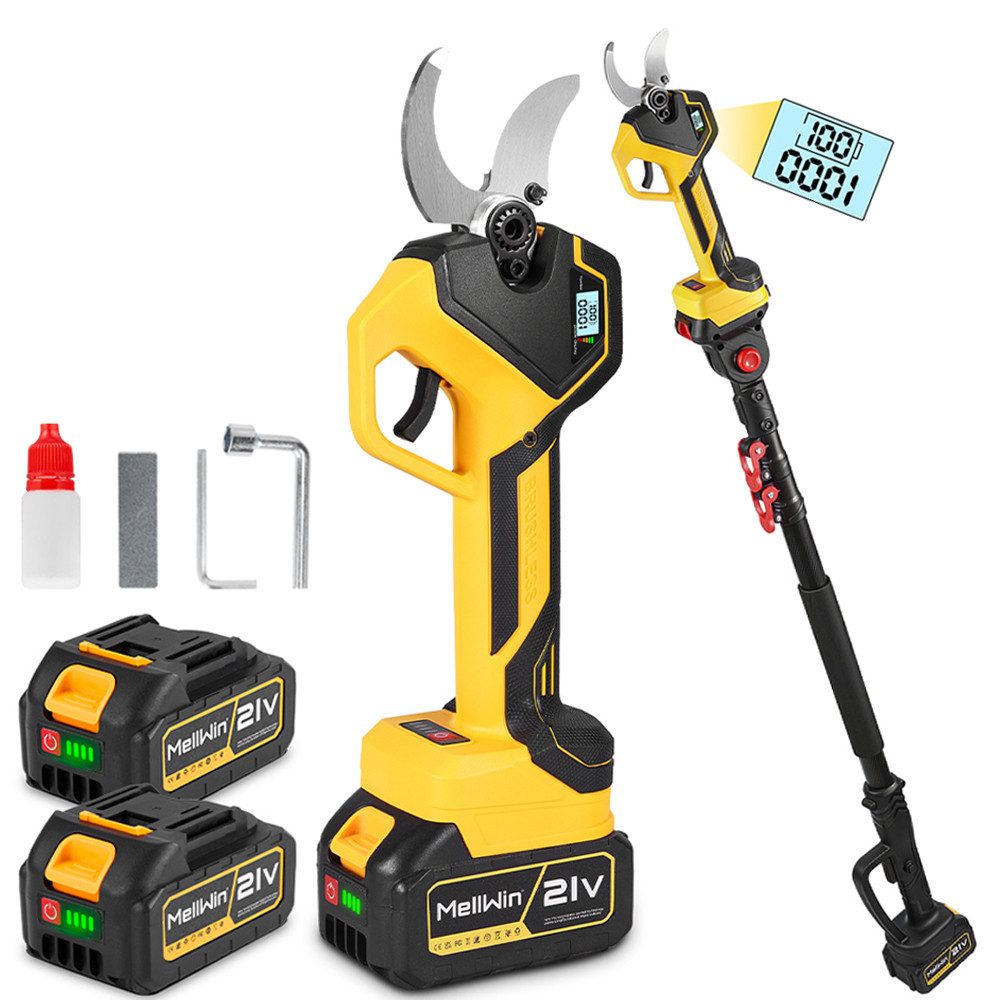 MELLWIN Akku-Astschere 2 in 1 Akku Astschere Teleskop 50mm Elektrische Gartenschere, mit 2x 3.0Ah Akkus Bürstenloser Astschneider für Garten Äste