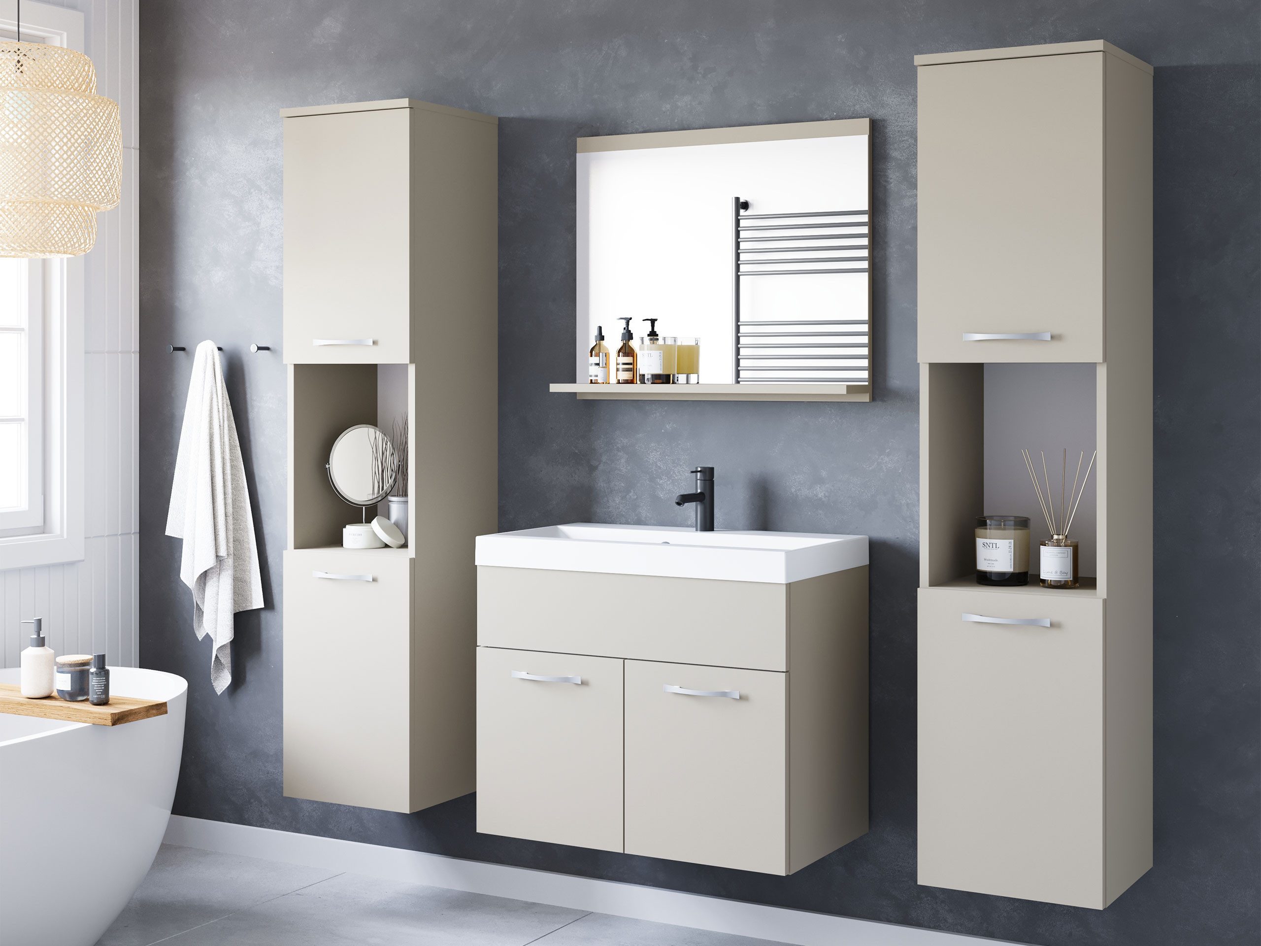 MIRJAN24 Badmöbel-Set Montreal XL, (5er-Set, Waschbeckenschrank, 2x Hochschrank, Spiegel, Waschbecken), Metallgriffe