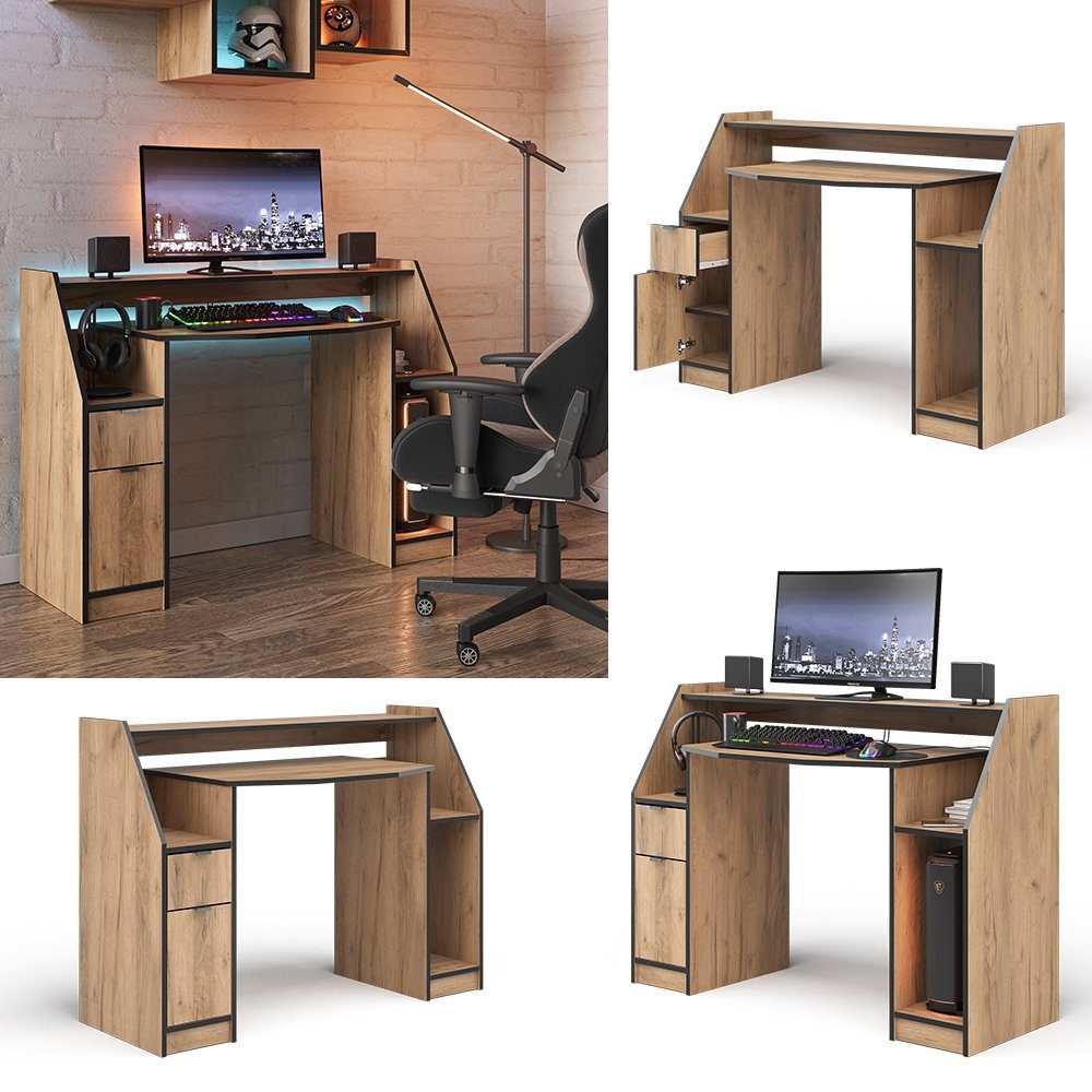 Vicco Computertisch Joel, Goldkraft Eiche/Schwarz, 123.2 günstig online kaufen