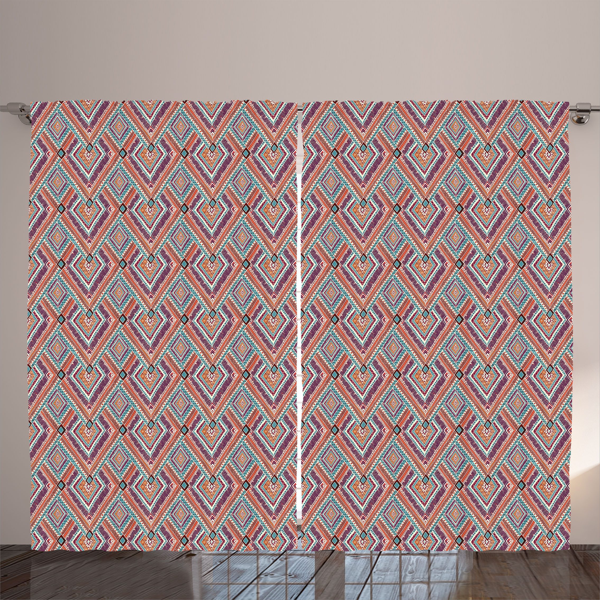 Gardine Gardinen mit Schlaufen und Haken 140 cm x 2 Vorhangbahnen, Abakuhaus, Stammes Diagonal Ethno-Muster