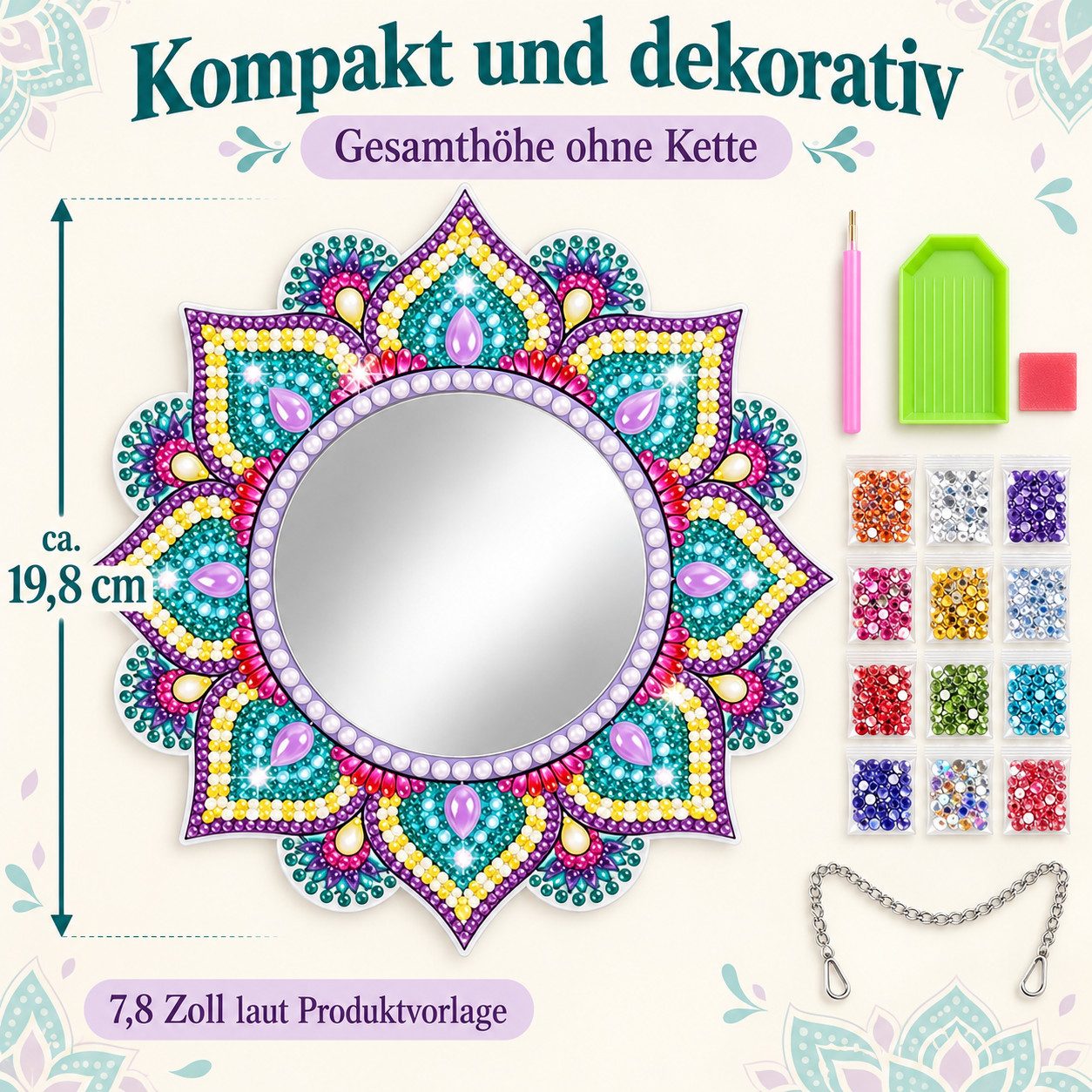 GOLDEN Gemälde Diamond Painting Spiegel Mandala, DIY-Set mit Standfuß und Kette – Bild 4 von 5