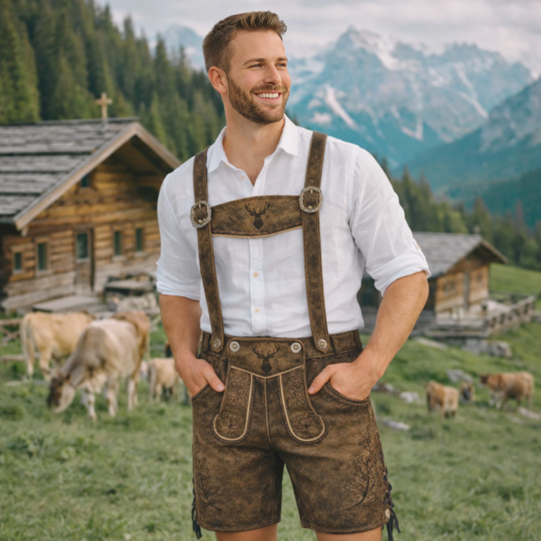 PAULGOS Trachtenhose Herren Lederhose Kurz mit Trägern 100% Echtleder - HK5 ANTIK