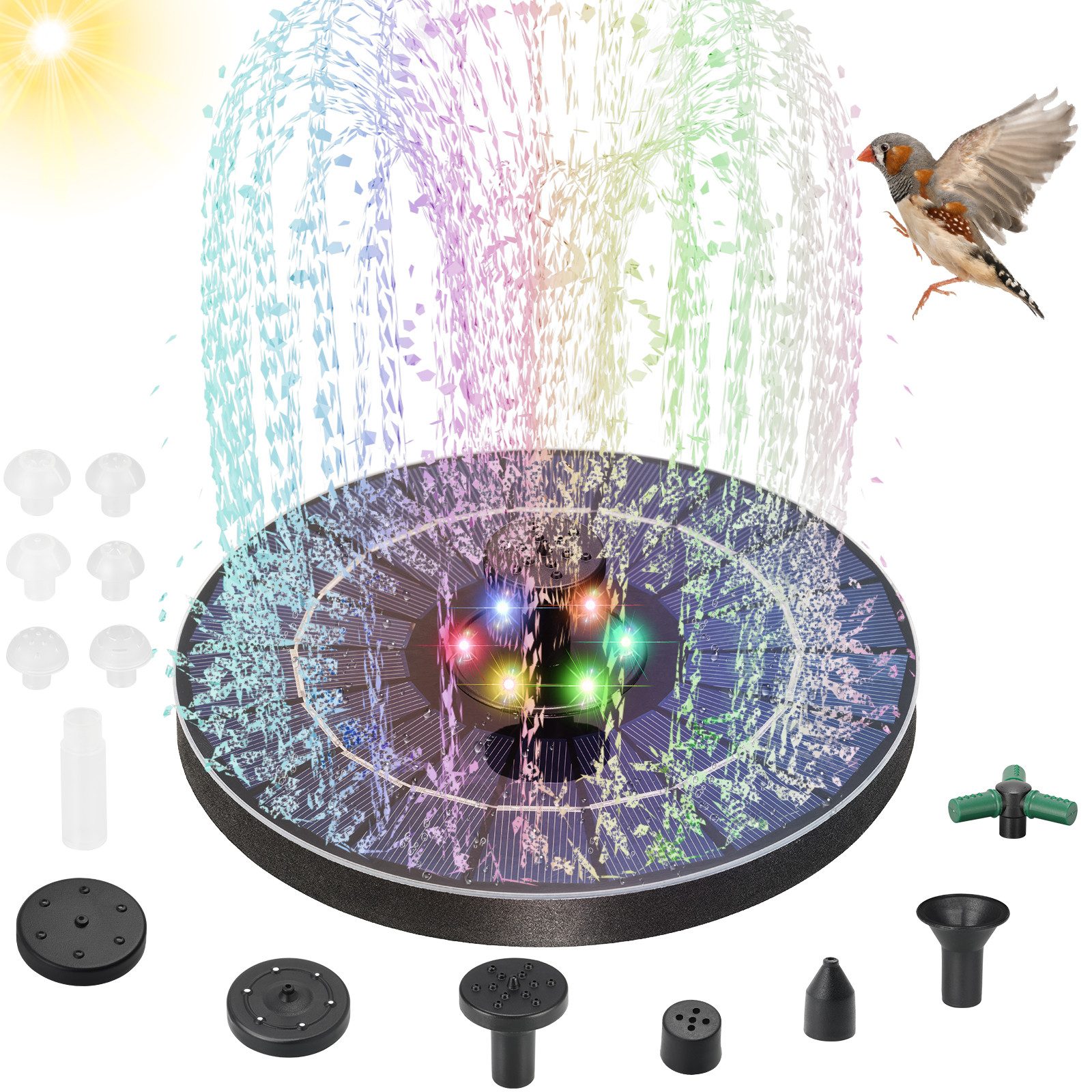 TLGREEN Gartenbrunnen Solar Springbrunnen für Außen, 3,5W Solar Teichpumpe, (Solarbrunnen für Draussen mit 11 Düsen, mit 6 Farbige LED-Lichtern, 1500mAh Batterie, Nachts Arbeiten), für Teich, VogelBad, Wasserspiel, Pool