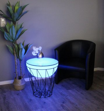 Arnusa Couchtisch LED Beistelltisch beleuchtet rund Korbtisch Metall 50x56 cm, Tisch mit Fernbedienung kabellos nutzbar RGB+W Lounge
