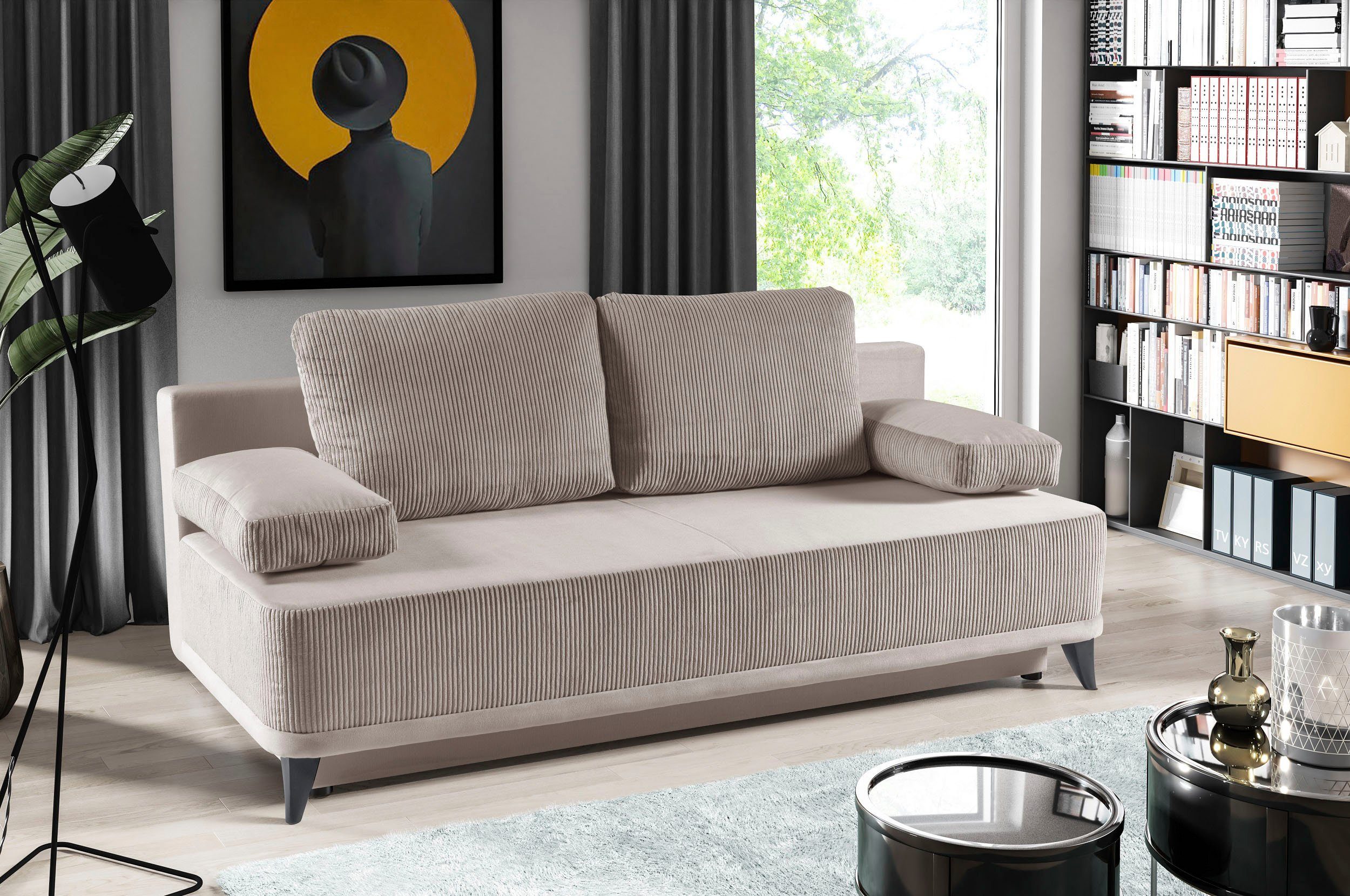 WERK2 Schlafsofa Rosso, 2-Sitzer Sofa und Schlafcouch mit Federkern & Bettkasten Beige | Beige | Beige