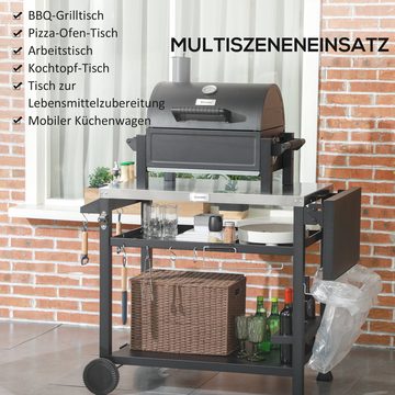 Outsunny Servierwagen Grilltisch mit klappbarem Beistelltisch, (Servierwagen, 1 St., Grill Trolley), mit Tischplatte aus Edelstahl für Outdoor, Schwarz