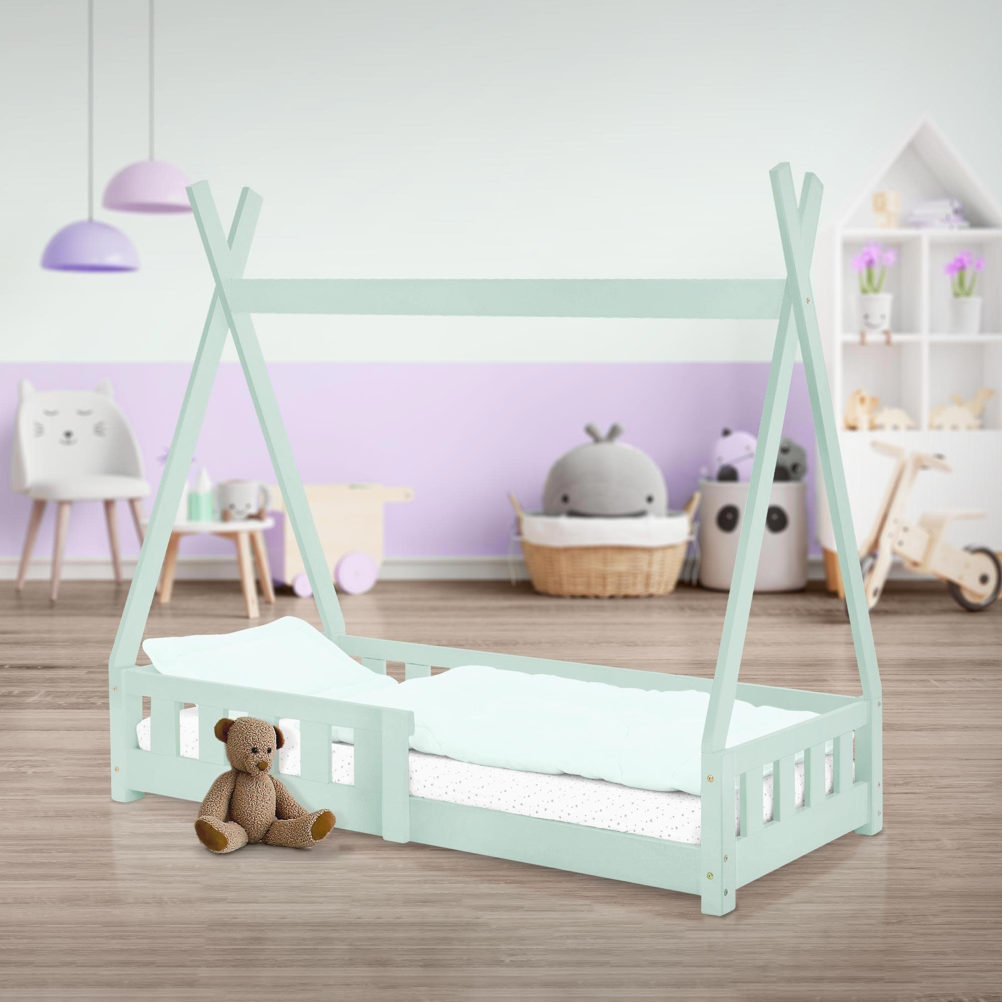 ML-DESIGN Kinderbett Hausbett mit Rausfallschutz und Lattenrost Massivholz, Bett 70x140 Mint aus Kiefernholz Spielbett Zelt mit Zaun