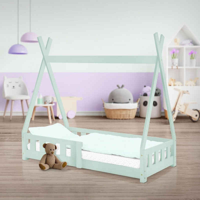 ML-DESIGN Kinderbett Hausbett mit Rausfallschutz und Lattenrost Massivholz, Bett 70x140 Mint aus Kiefernholz Spielbett Zelt mit Zaun