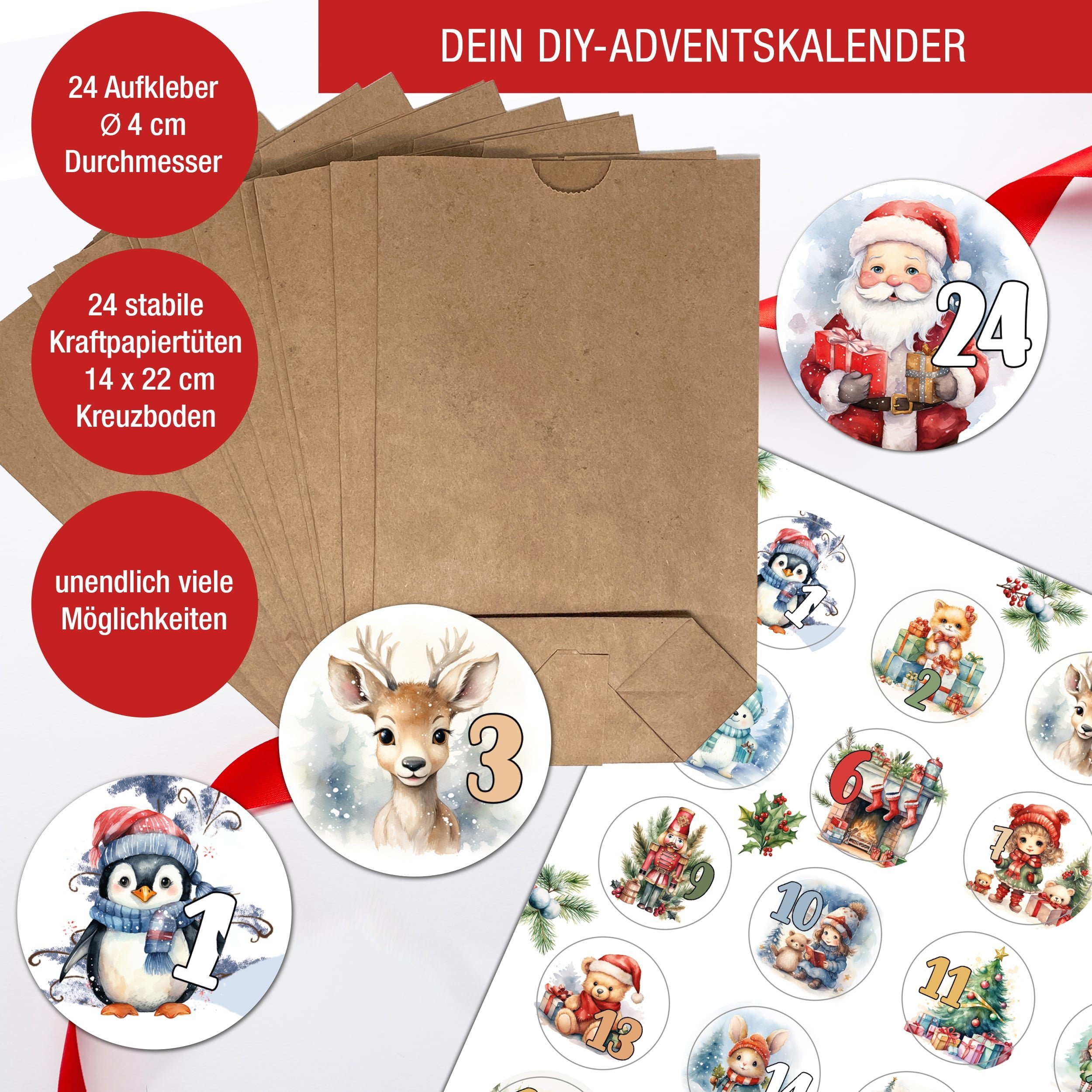 Kartpapier zum befüllen, basteln 24 Weihnachskalender Aufkleber, Adventskalender DIY + Tüten TOBJA Adventskalender