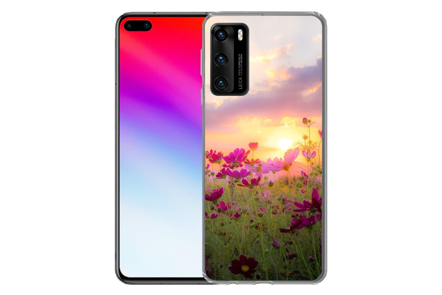 MuchoWow Handyhülle für Huawei P40 Blumen - Rosa - Sonnenuntergang - Natur - Wiese - Horiz, Handy Case, Silikon, Bumper Case Dünn