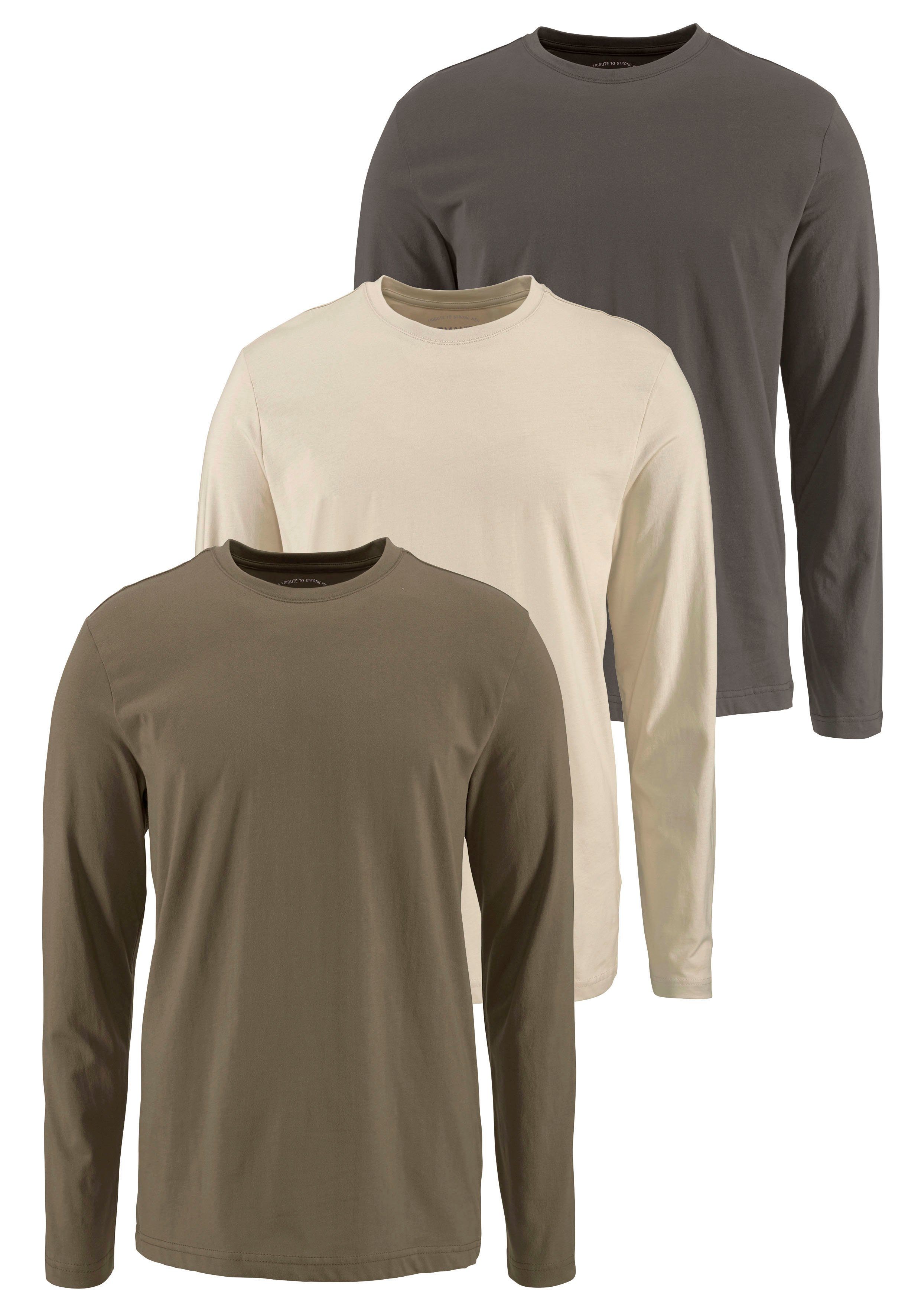 Man's World Langarmshirt (Packung, 3-tlg., 3er-Pack) aus reiner Baumwolle olivgrün,beige,khaki