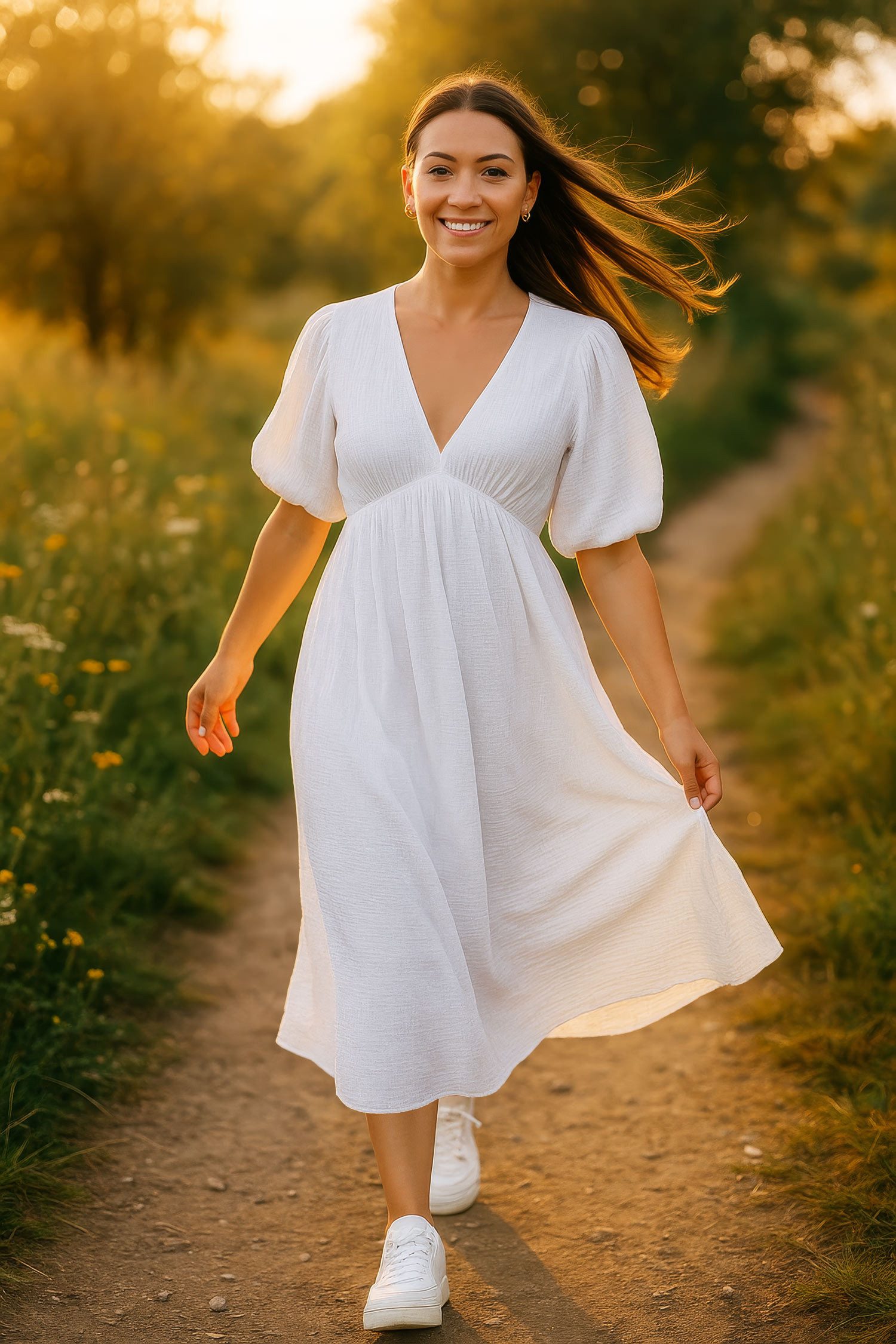 Reichstadt Sommerkleid Damen Musselin 25RSW077 Feminine Puffärmel und Rückenschleife